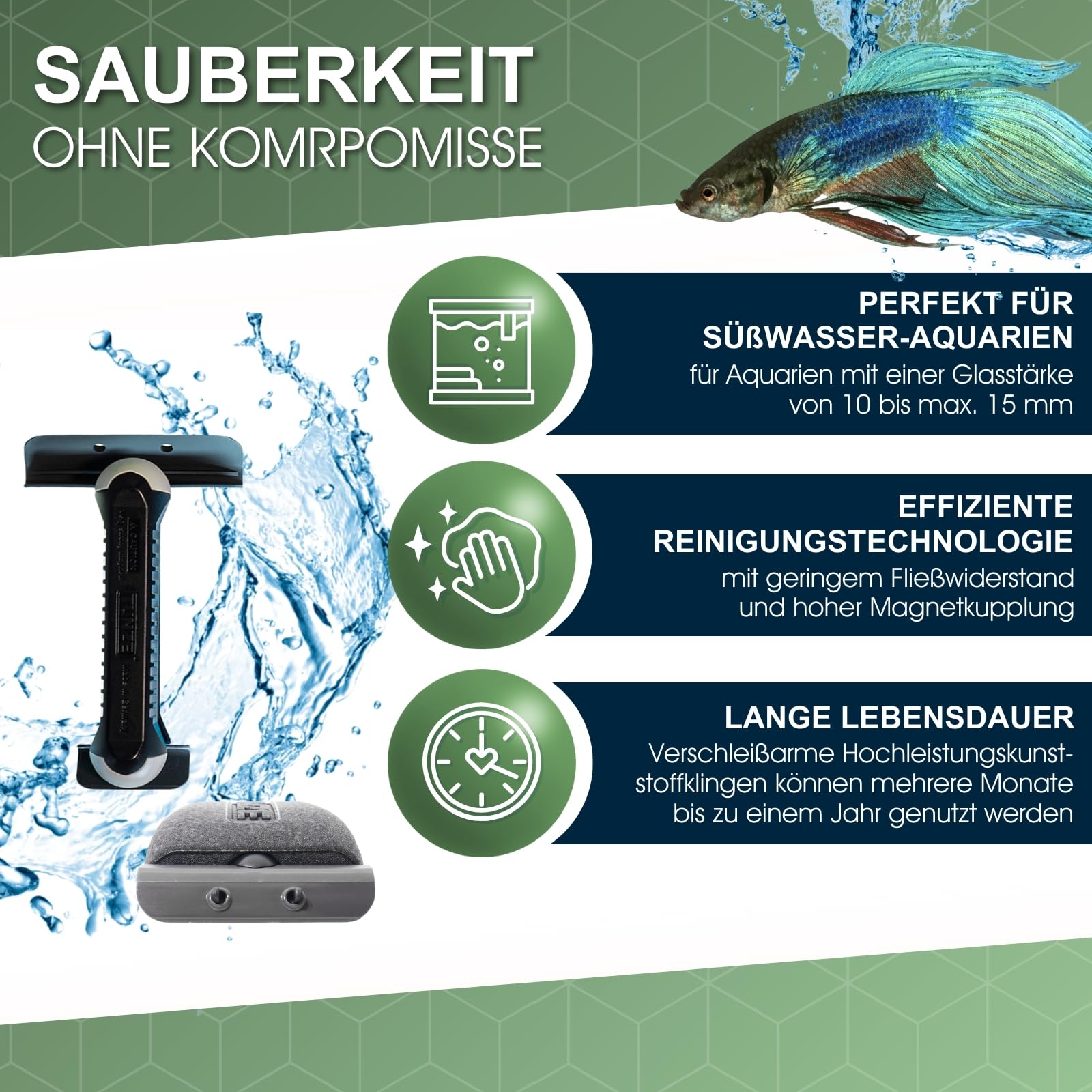 Tunze Care Magnet Long I Aquarienreiniger für 10-15 mm Glasstärke I schlanker Scheibenreiniger mit Abgerundeter Edelstahlklinge I Algenmagnet mit stark minimierter Kratzgefahr I Aquariumglas-Reiniger