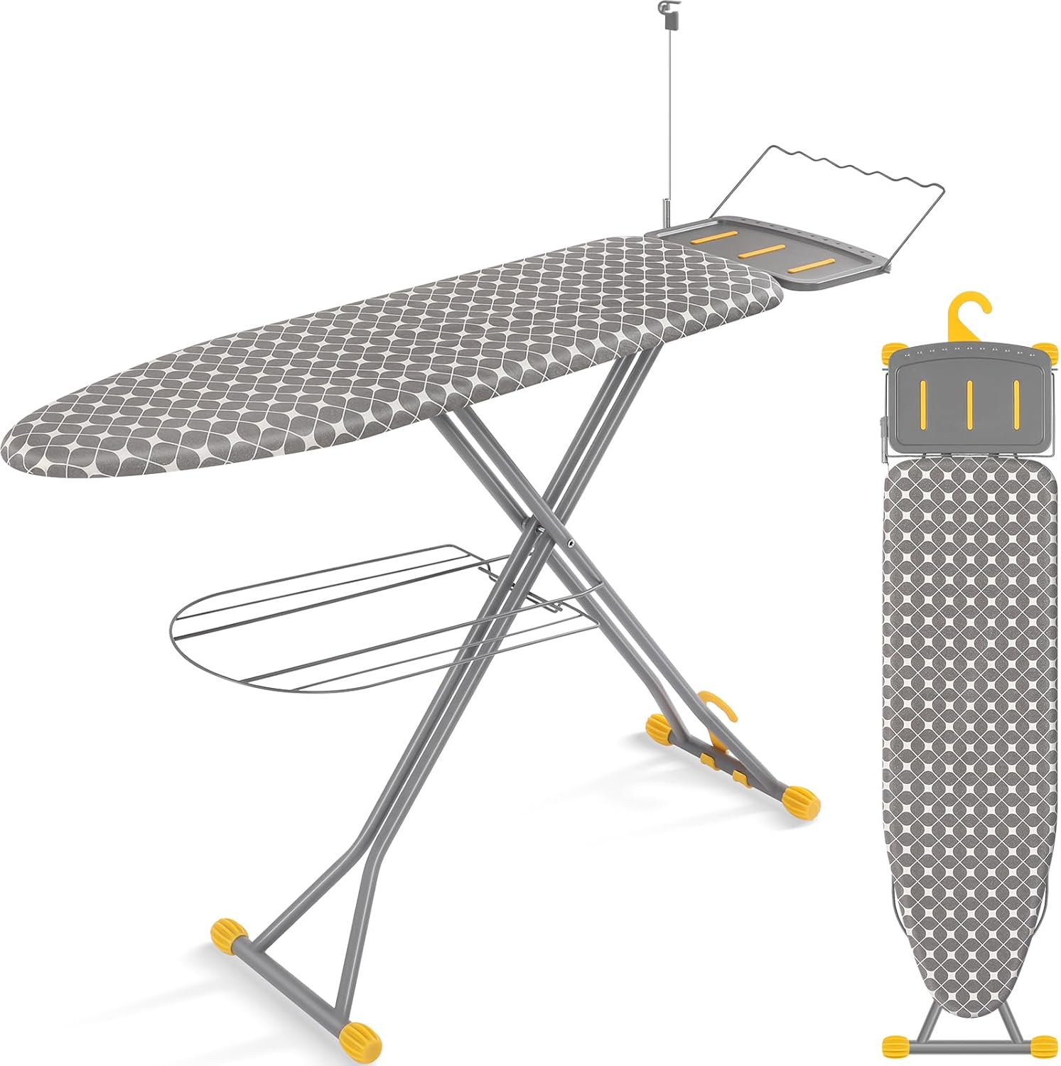 APEXCHASER Ironing Board, Extra Wide Iron Board with Bottom Storage Tray, Space Saver Ironing Boards with Iron Rest, Cord Holder, 7 Adjustable Height, Extra Thick Cover, 13x43 Yellow