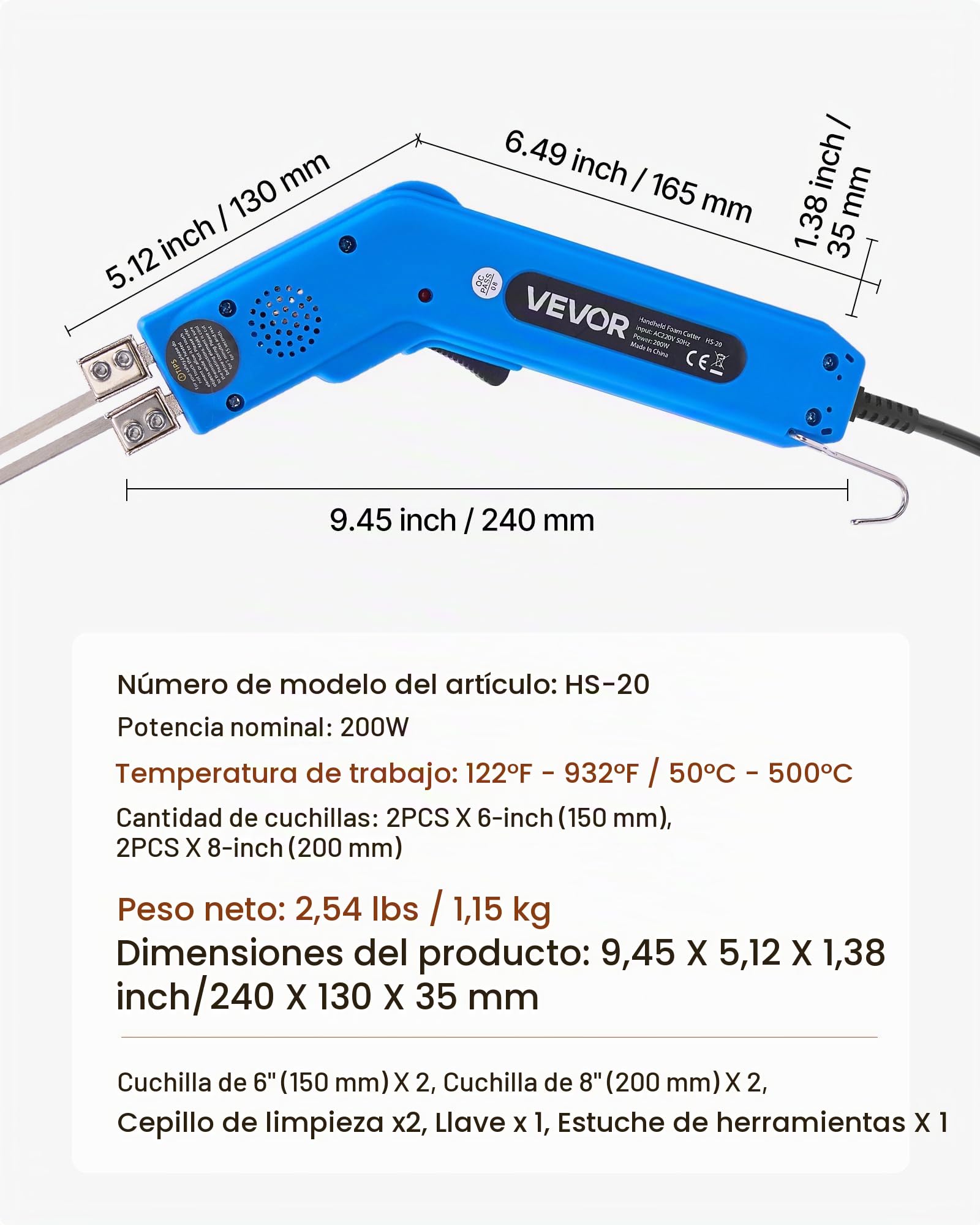 VEVOR Cortador de Espuma Eléctrico con Cuchillo Caliente 200 W, Cortadora Poliestireno 50 a 500 °C con Cuchillas de 150 mm y 200 mm para Tableros KT, Polietileno, Esponja, con Caja de Herramientas