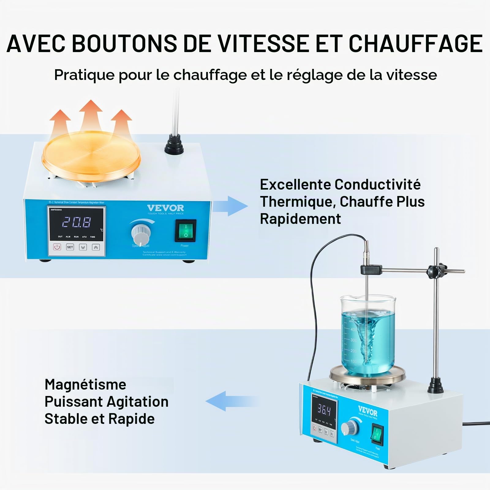 VEVOR Agitateur magnétique 1 L, mélangeur magnétique à plaque chauffante 99,9 °C, kit d'agitation 1500 tr/min, 250 W, avec bouton de vitesse réglable, support et barreaux d'agitation, écran LED, blanc