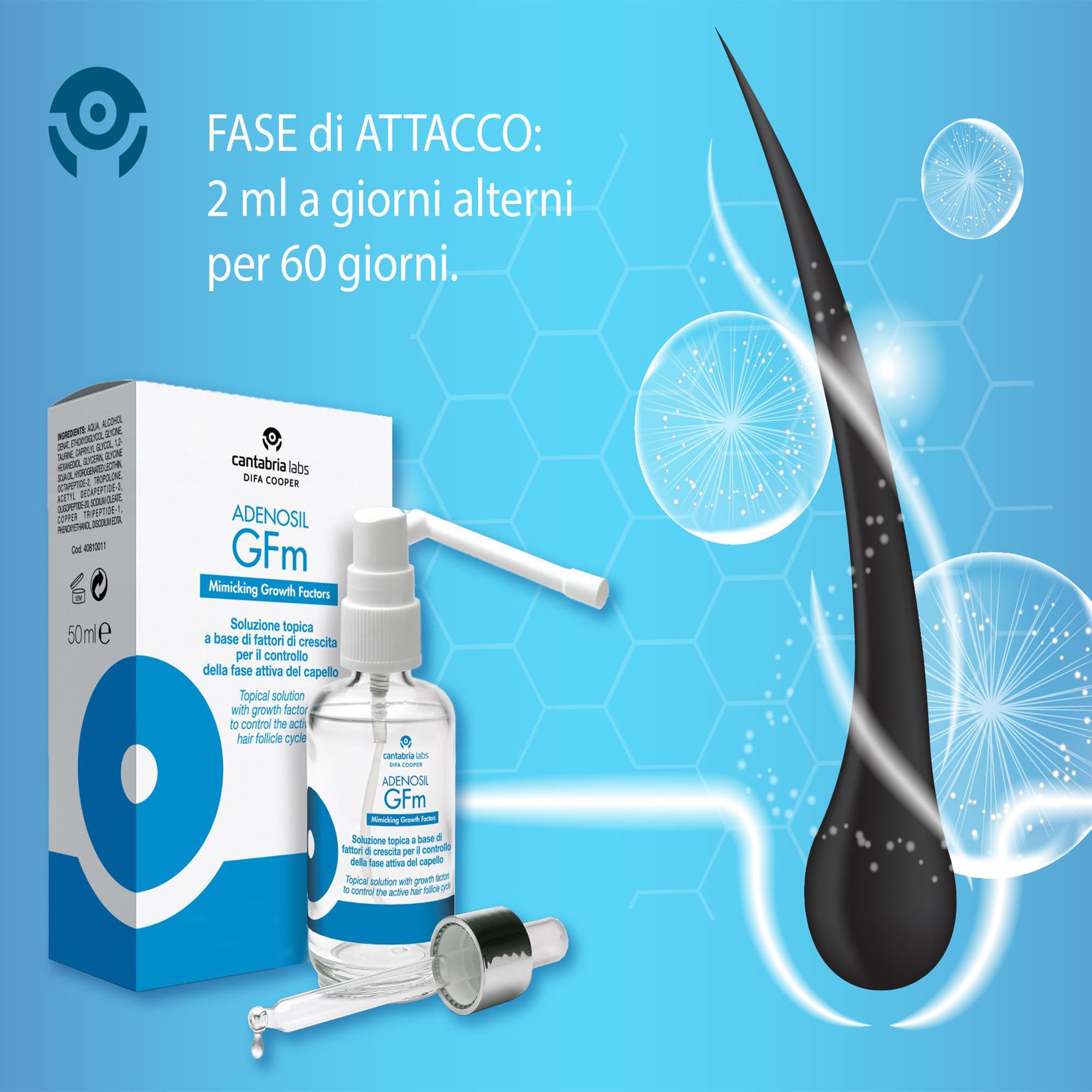 Difa Cooper GFM Lozione Tricologica - Soluzione Topica Indicata In Tutte Le Forme Di Perdita Di Capelli - Anticaduta Cuoio Alopecia Adenosil prolunga la fase di crescita e riduce quella della caduta