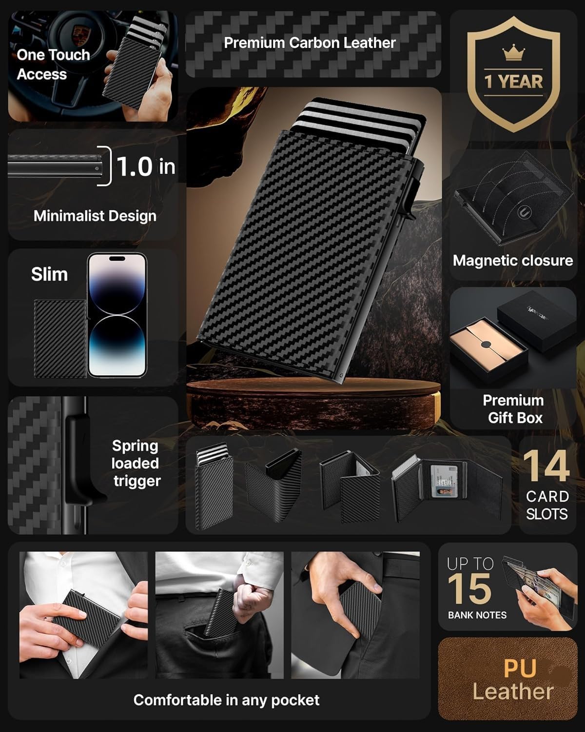 Wallet for Men, Mens Minimalist Wallet 9-14 Cards, RFID Blocking Smart Pop Up Card Wallet, Metal Aluminum Credit Card Holder,Slim Compact Wallet with Money Clip ID Window(Black) - Image 4