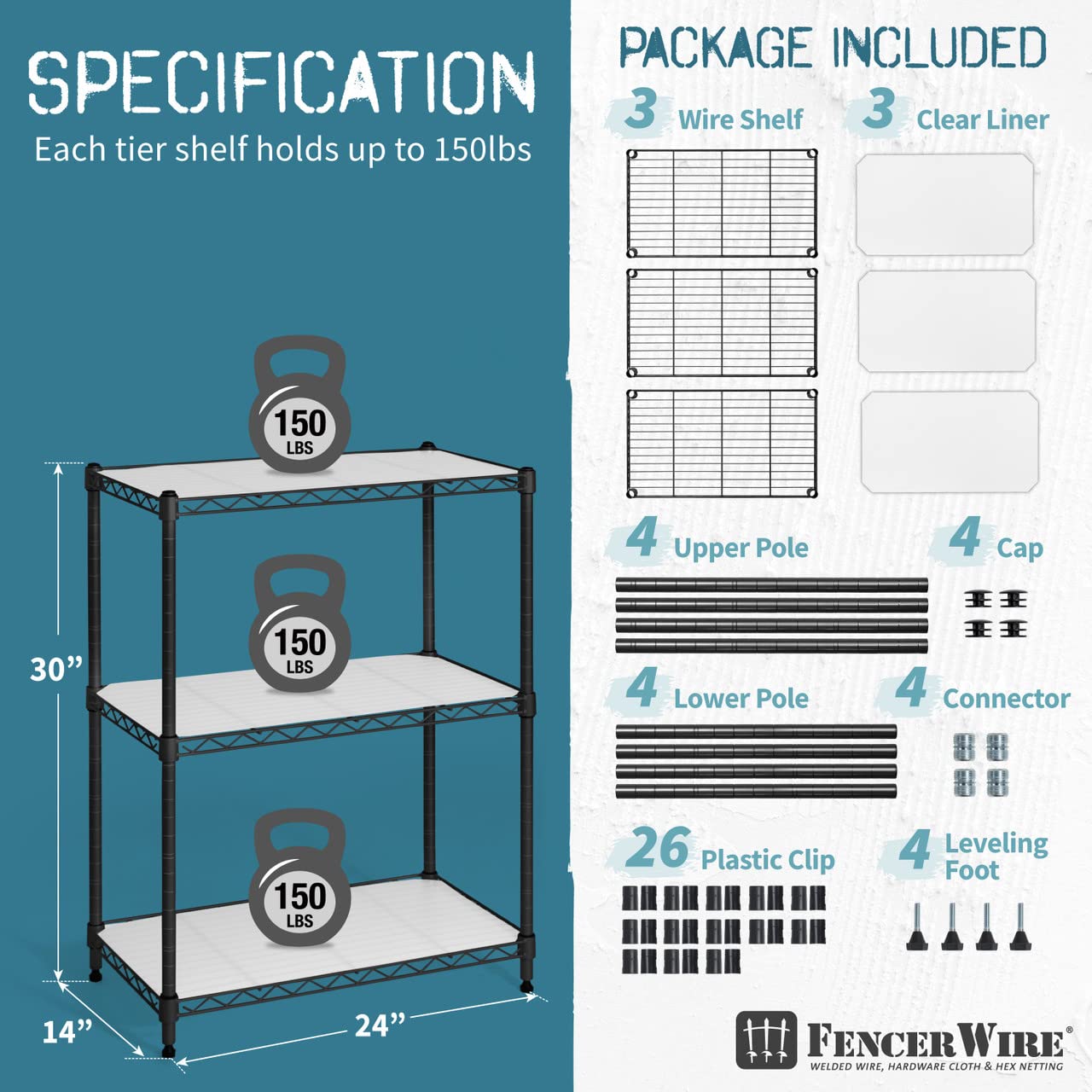Fencer Wire NSF Adjustable Height Wire Shelving Unit w/Liner, Basement Storage Shelving, Metal Steel Storage Shelves, Kitchen, Garage Shelving Storage Organizer, Utility Shelf, 3-Tier W/Liners