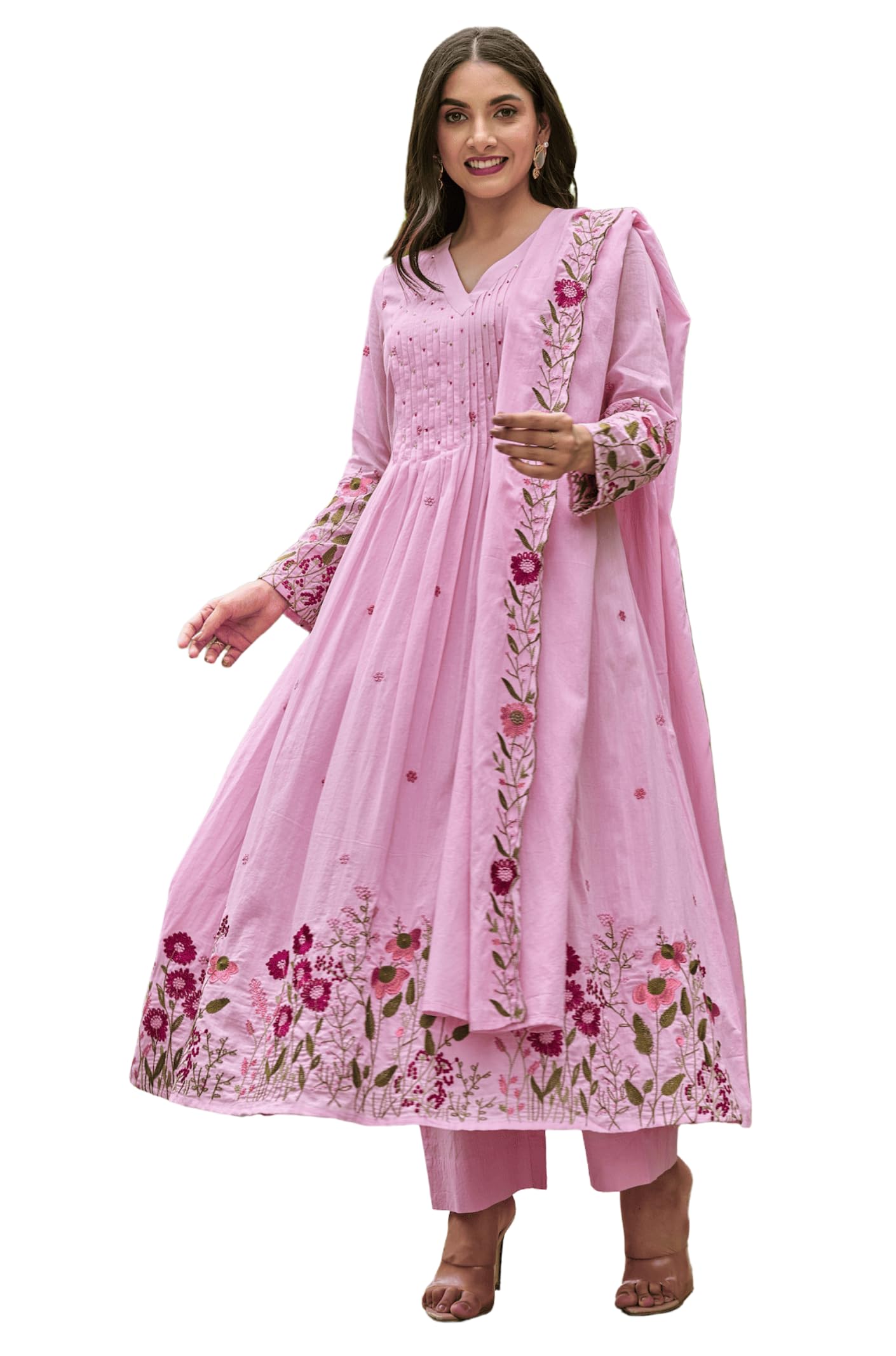 ONPEAK Embroidered Kurti Pant Set with Handwork and Dupatta for Women Festive Party Wear Outfit, Pink, Large