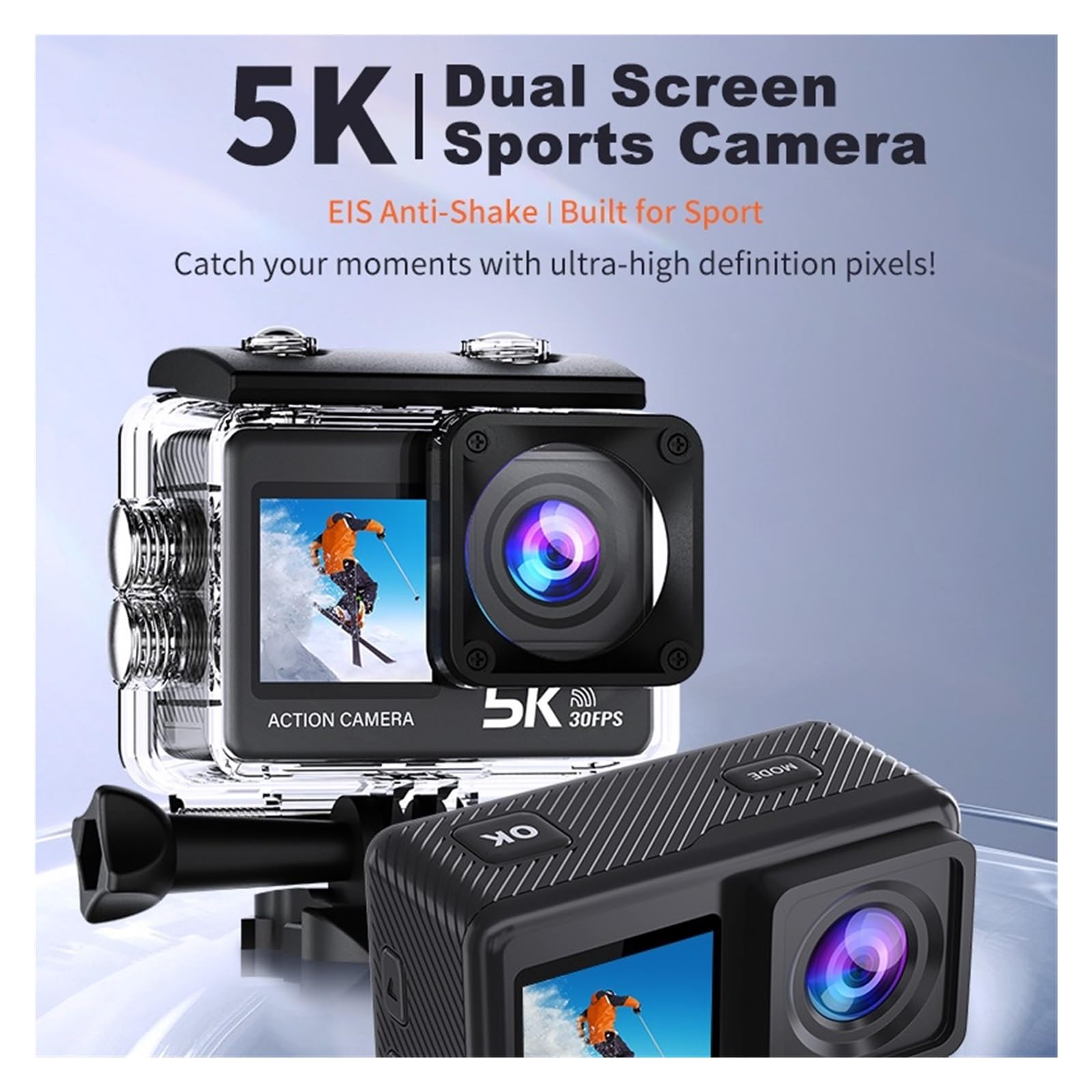 Action Camera 5K 4K 60FPS WiFi Anti Shake Doppio Schermo 170 ° Grandangolo 30 M Fotocamera Sportiva Impermeabile Con Telecomando Alta Risoluzione(64G)