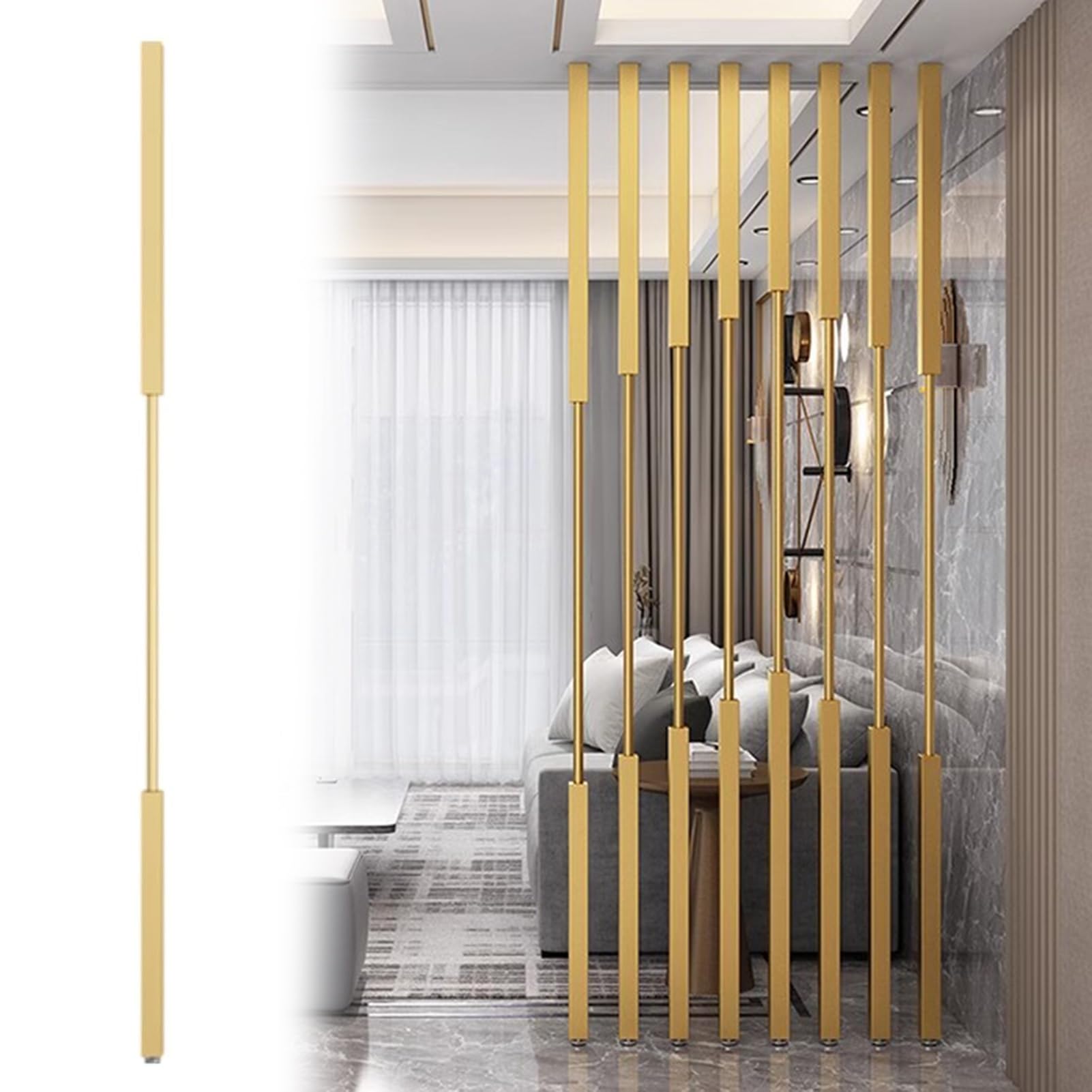 Gold Room Divider Screen Post - Free Standing Partition Pole, DIY Wall Panel for Bathroom/Living Room/Entrance, No Drill Required