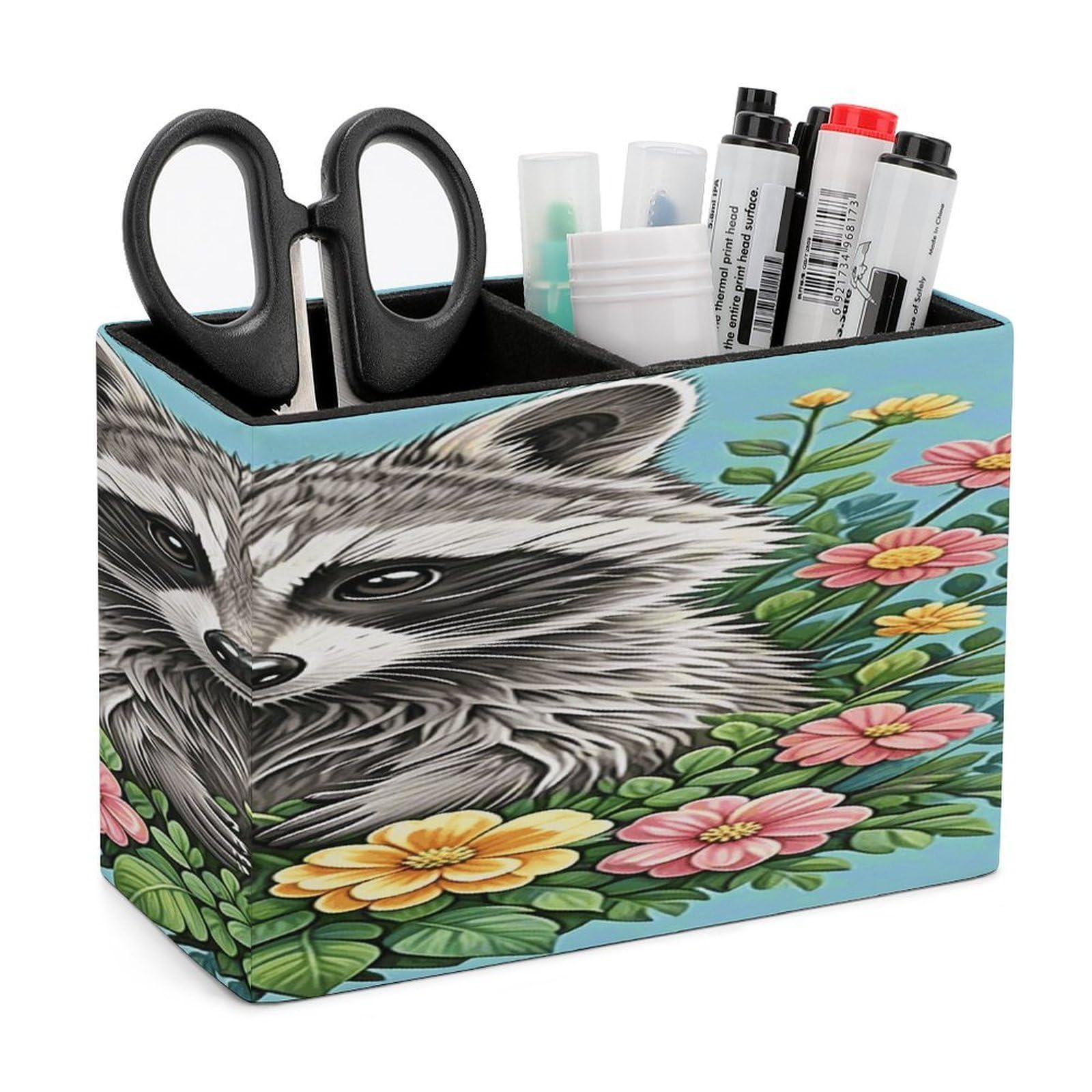VstaDank Raccoon Pencil Holder for Desk Organizer 2 Compartments Pen Cup Leather Square Pen Holder Pencil Cup Stand Makeup Brush Holders for Desktop Organizer Storage Case
