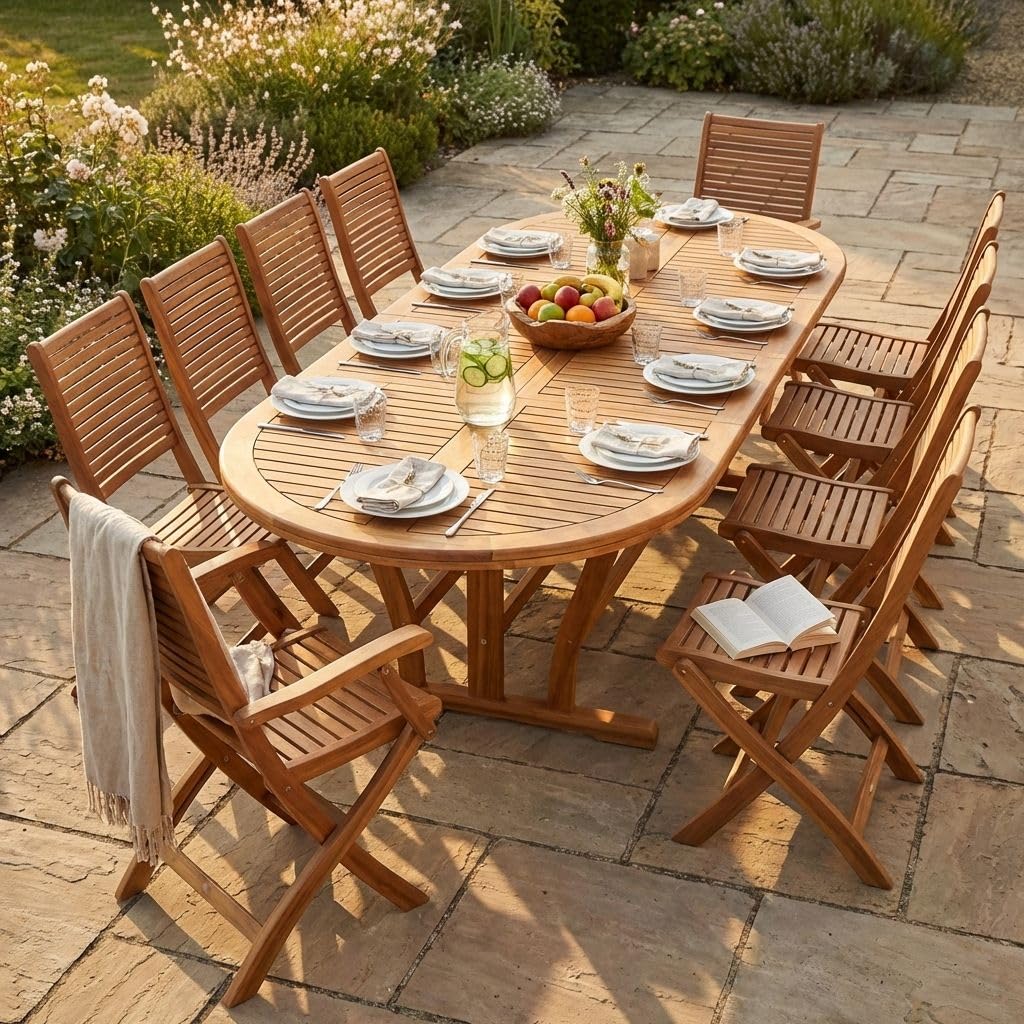 milani home GENIUS - set tavolo in alluminio e teak cm 200/250/300 x 110 x 74 h con 8 sedie e 2 poltrone Mulier