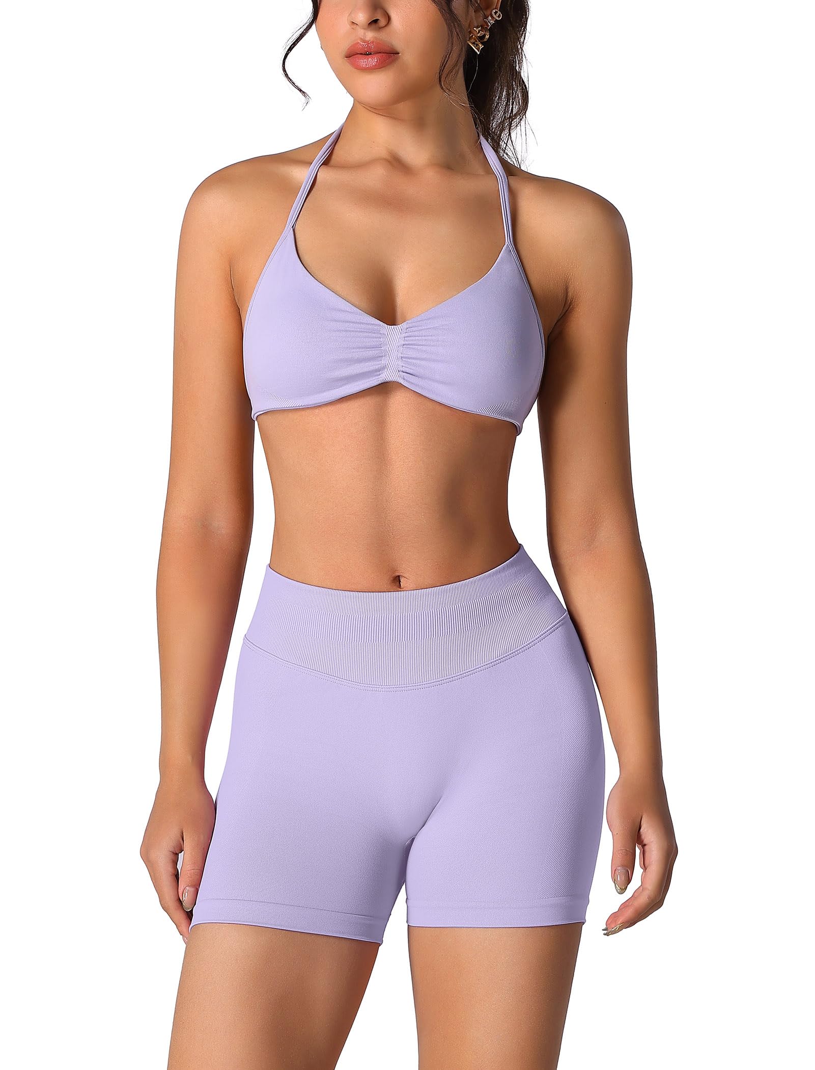 ABOCIW Womens Seamless Workout Sets 2 Piece Strappy Halter Sports Bra Scrunch Butt Shorts Gym Yoga Outfits