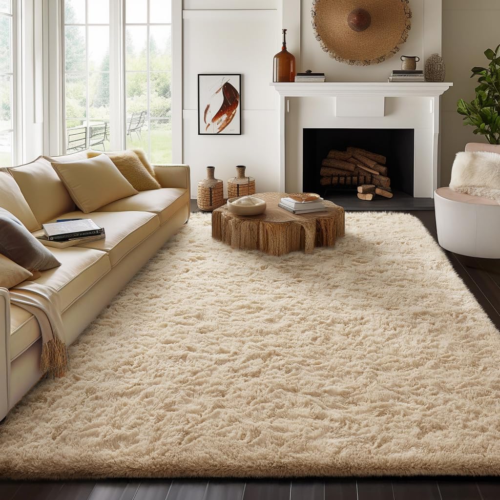 Ophanie 8x10 Beige Area Rugs for Living Room,Large Shag Bedroom Carpet,Big Indoor Thick Soft Shaggy Nursery Rug,Fluffy Carpets for Boy and Girls Room Dorm Decor Aesthetic with Over 99 pcs Pile fibers
