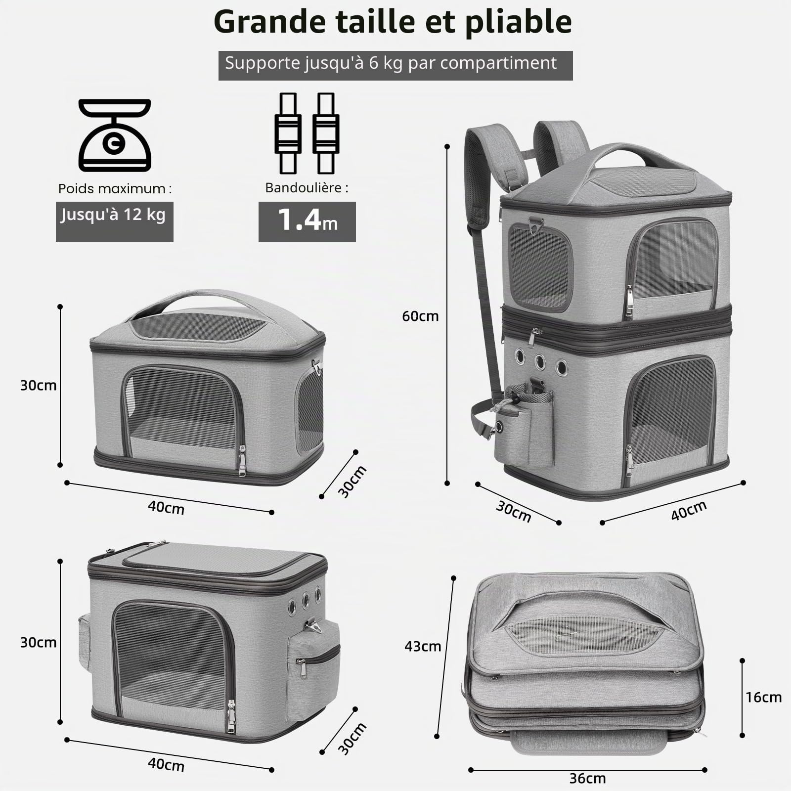 Sac à Dos de Transport pour Animaux à Double Compartiment Amovible, pour 2 Chats ou Petits Chiens, Compartiments supérieur et inférieur séparés, 6 kg par Niveau