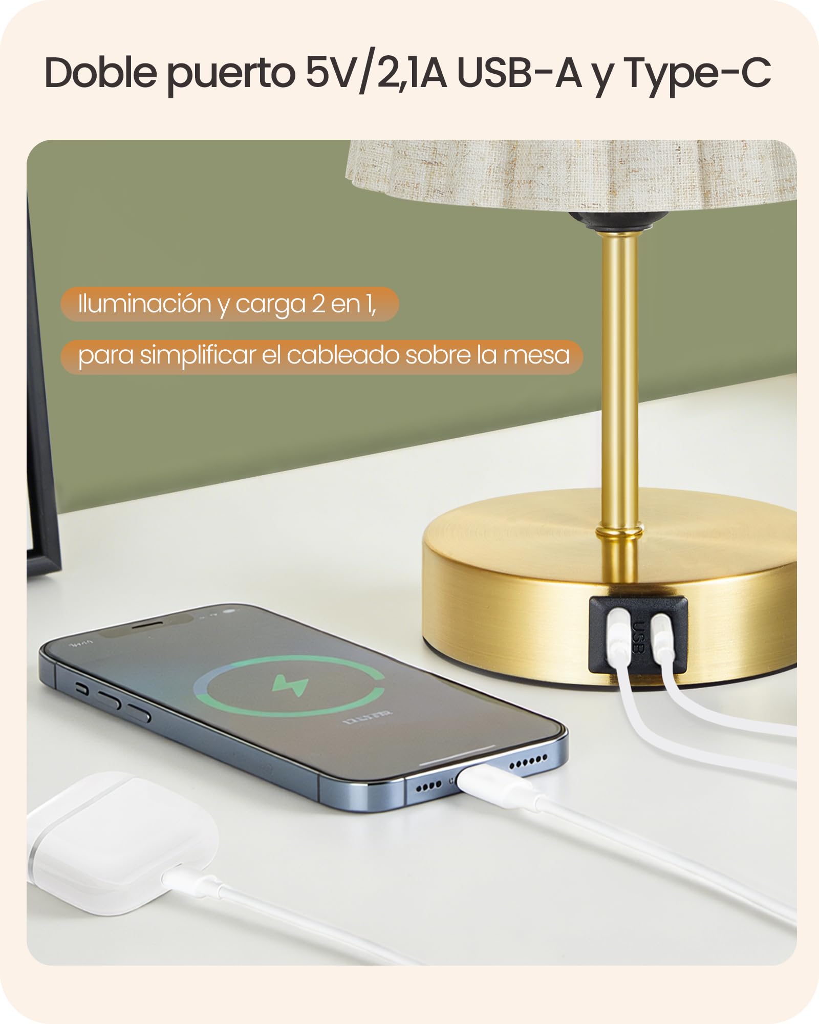 Lámpara de Mesa Táctil Ajustable, Juego de 2, con Puertos de Carga USB A y Type C, Luz LED Ajustable, Regulación Continua del 10% al 100%, Base E27, para Mesita de Noche, Dormitorio