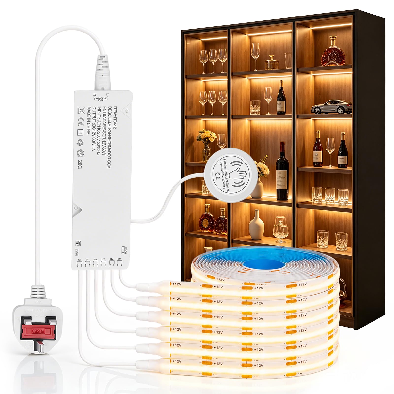 COB LED Strip Lights with Hidden Touchless Sensor (Penetrates 30mm Wood), 6x1m Under Cabinet Lights Plug in, Dimmable Wardrobe & Shelf Lighting for Kitchen Cupboard, Slat Wall, Warm White 3000K