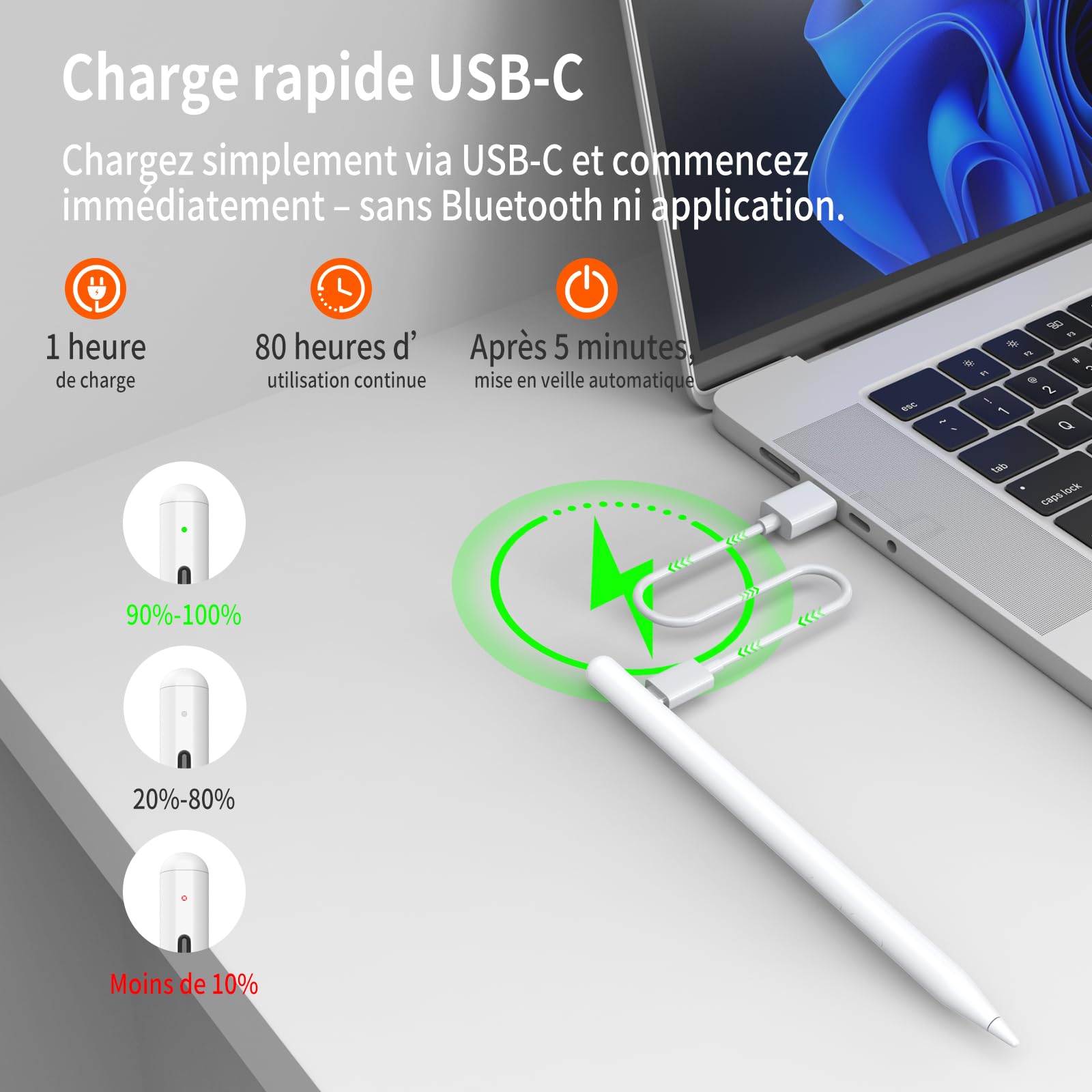 Lápiz táctil Activo para HP Omnibook y Envy x360 – 4096 Niveles de presión, rechazo de Palma y 80 Horas de autonomía – Compatible con HP Spectre x360, Pavilion x360 y Otros Modelos MPP