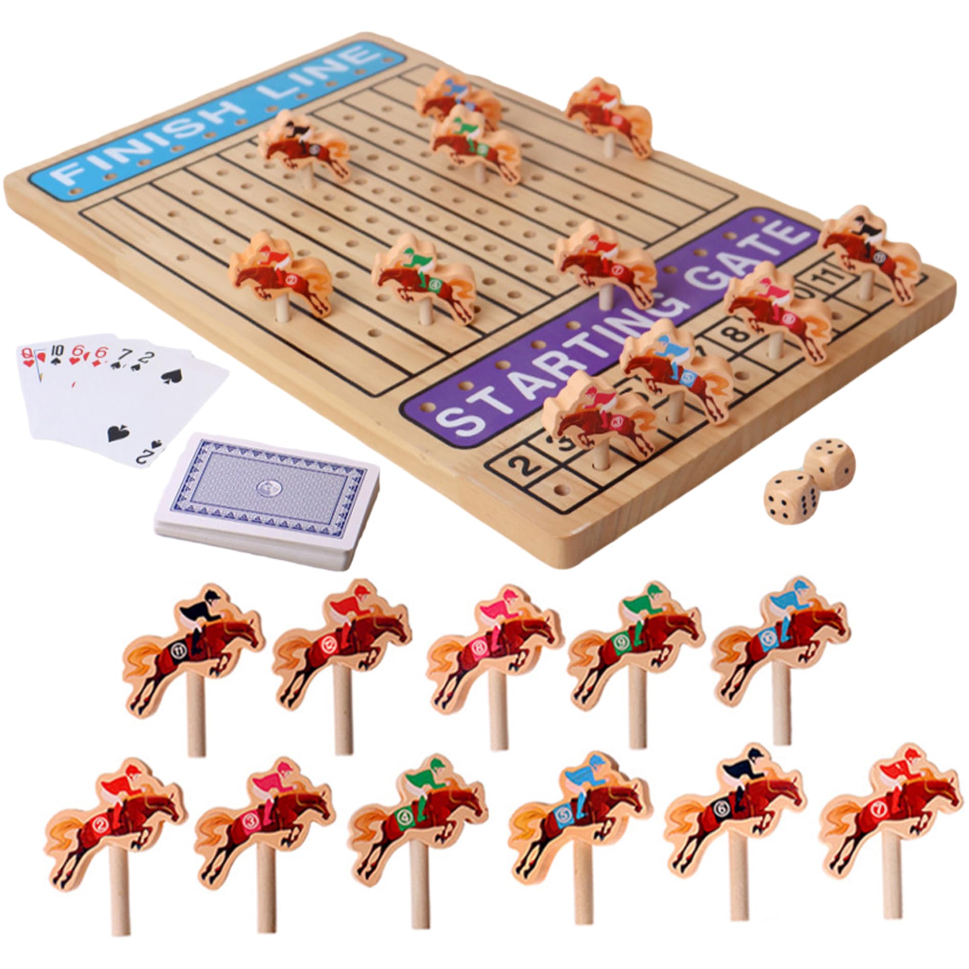 Juego de Mesa de Carreras de Caballos, Tablero de 30 x 48 cm con 11 Caballos de Madera, 2 Dados y Cartas, Ideal para cumpleaños o Fiestas.