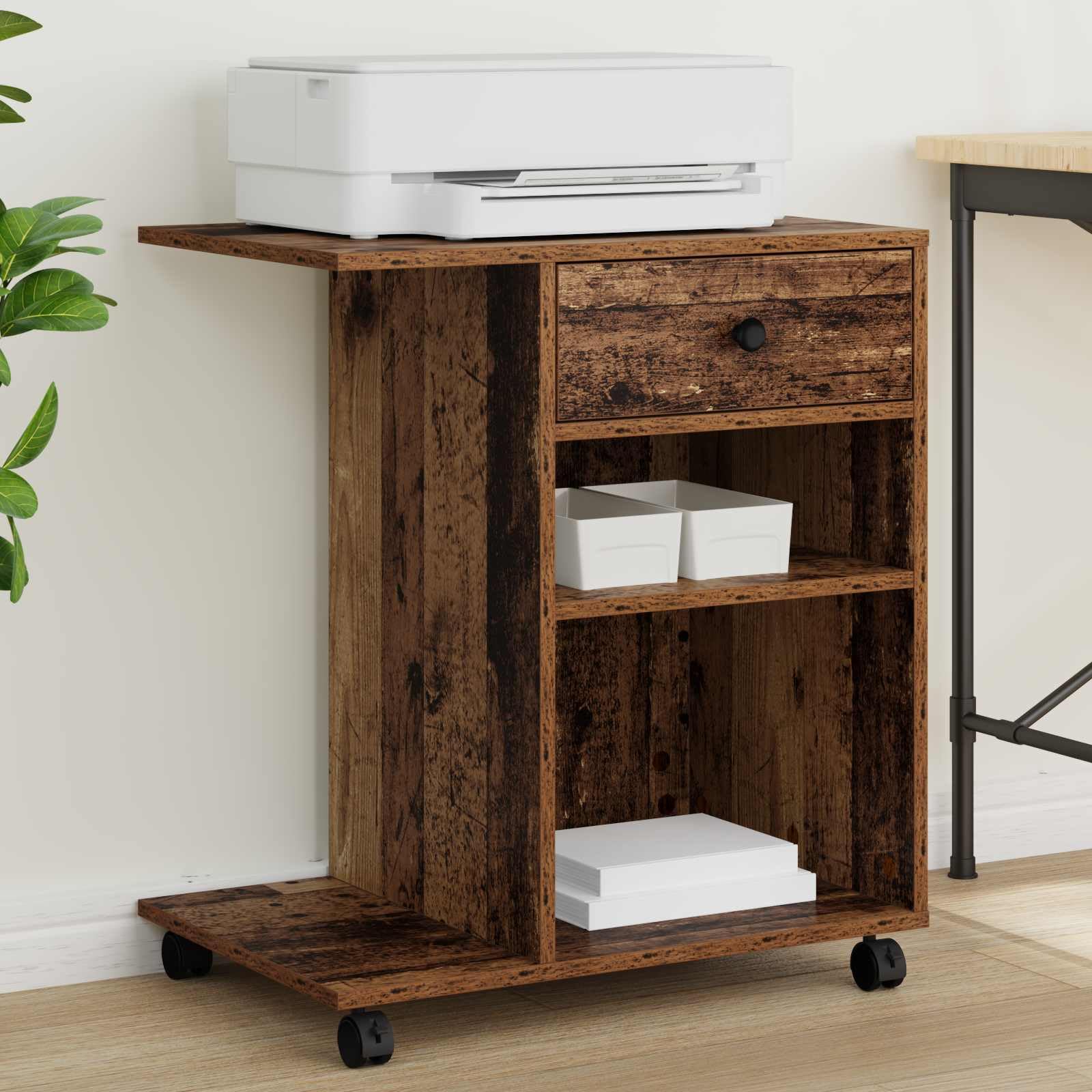 Druckerständer Uni Altholz Holzwerkstoff 60 x 40 x 68,5 cm mit Rollen und Schubladen, mobiler Bürowagen für Drucker und Büroorganisation, praktischer Stauraum für Akten, Papier, Scanner