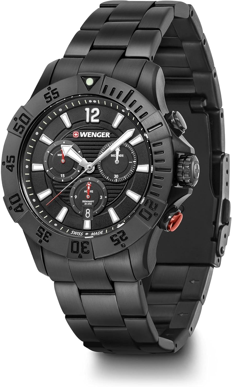Wenger Relojes Hombre Seaforce Cronografo Ø 43mm, Suizos, Cuarzo, Impermeable 200m, Acero Inoxidable Pulsera, Negro/Plata, 01.0643.121
