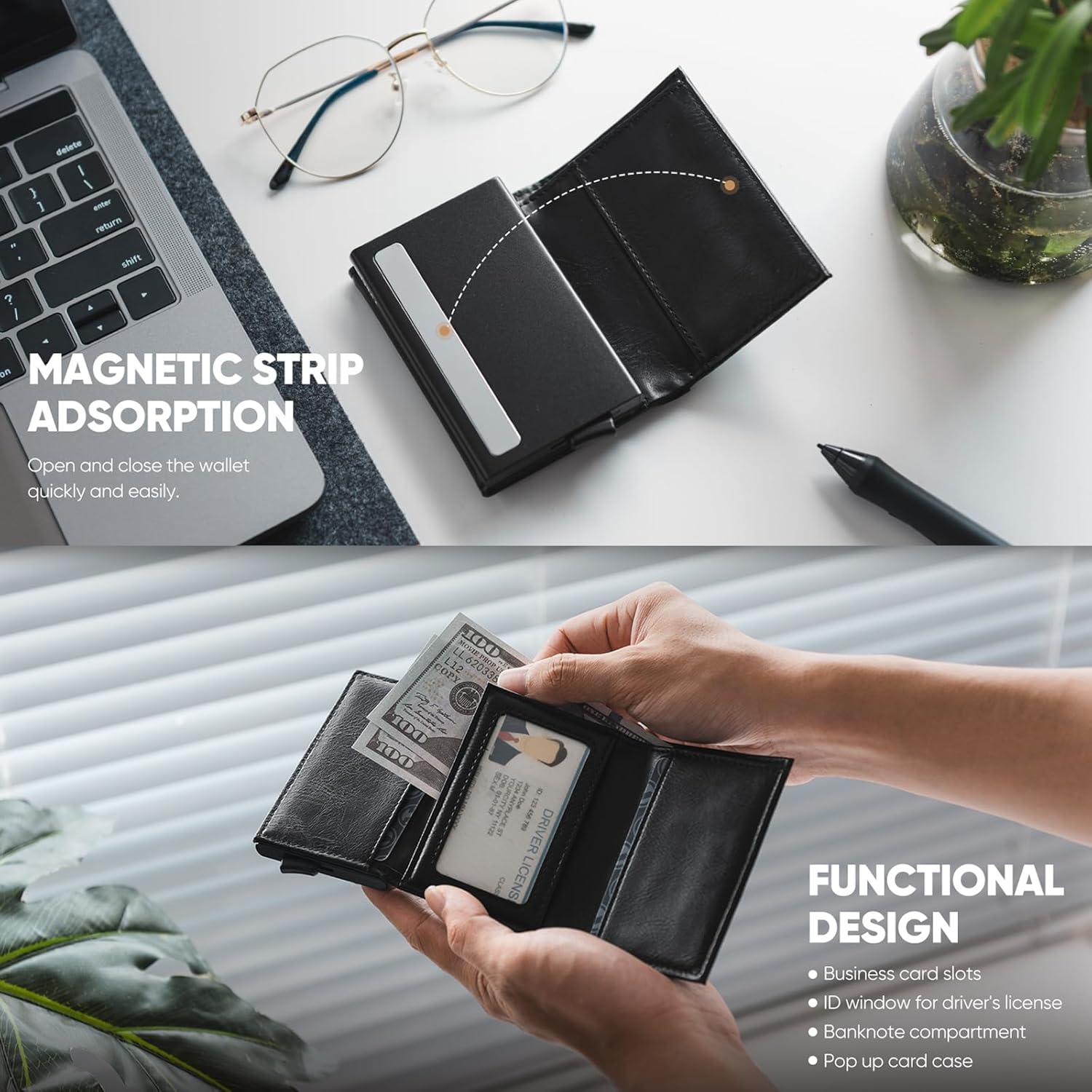 VULKIT Pop up Wallet RFID Blocking Leather Credit Card Wallet with Banknote Compartment, ID Window & Coin Pocket - Image 4