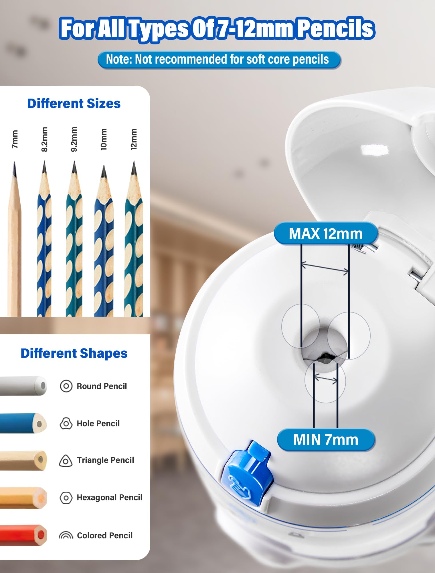 Sacapuntas Eléctrico, Sacapuntas Eléctrico Automático con Contenedor,Sacapuntas Eléctrico USB,para Lápices de 7-12mm, parada automátic, para escuela, hogar, oficina, aula y más