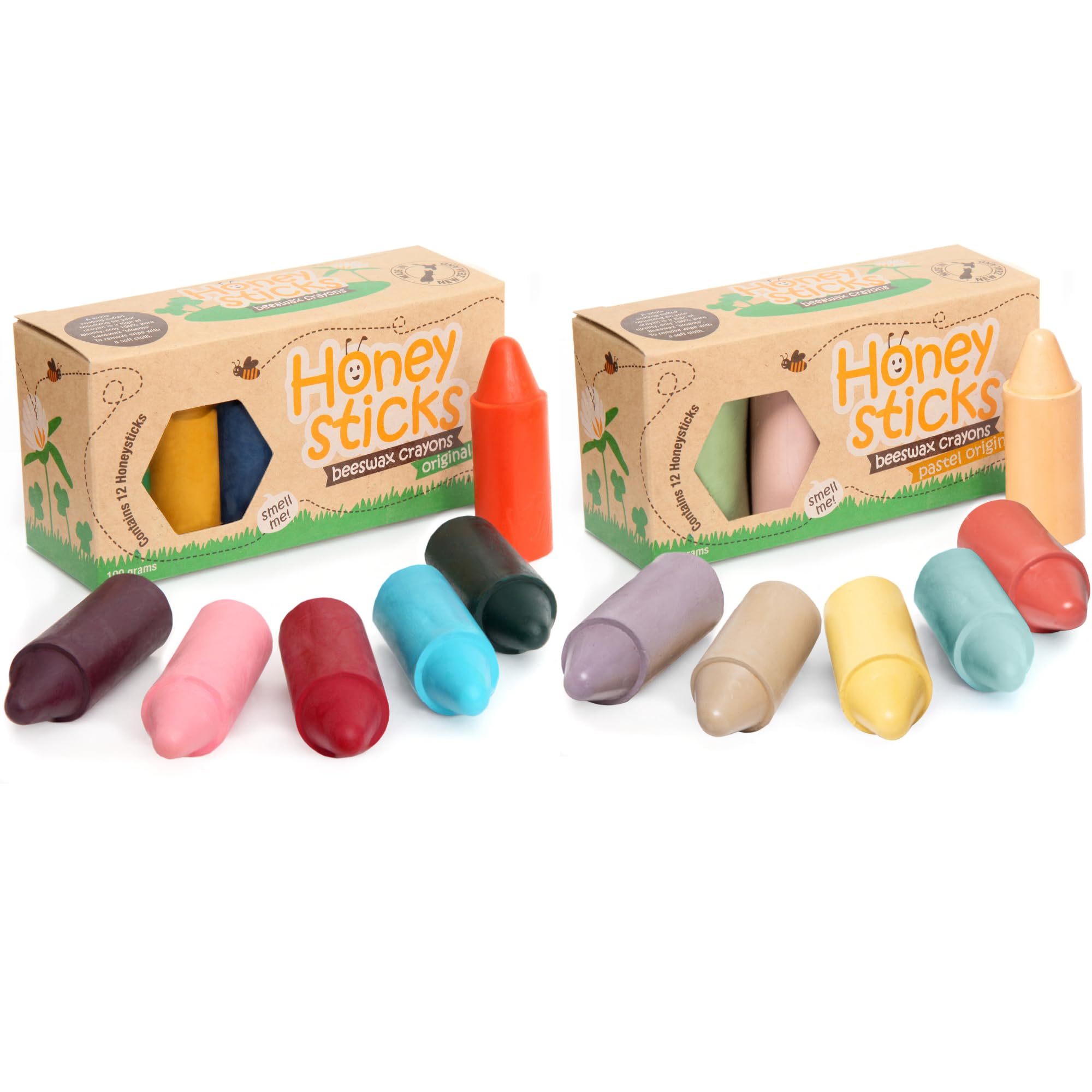 Honeysticks 100% Pure Beeswax Crayons - 12 Pack of Classic Colors PLUS a 12 Pack of NEW Pastel Colors - Non Toxic Crayons, Safe for Babies and Toddlers, For 1 Year Plus