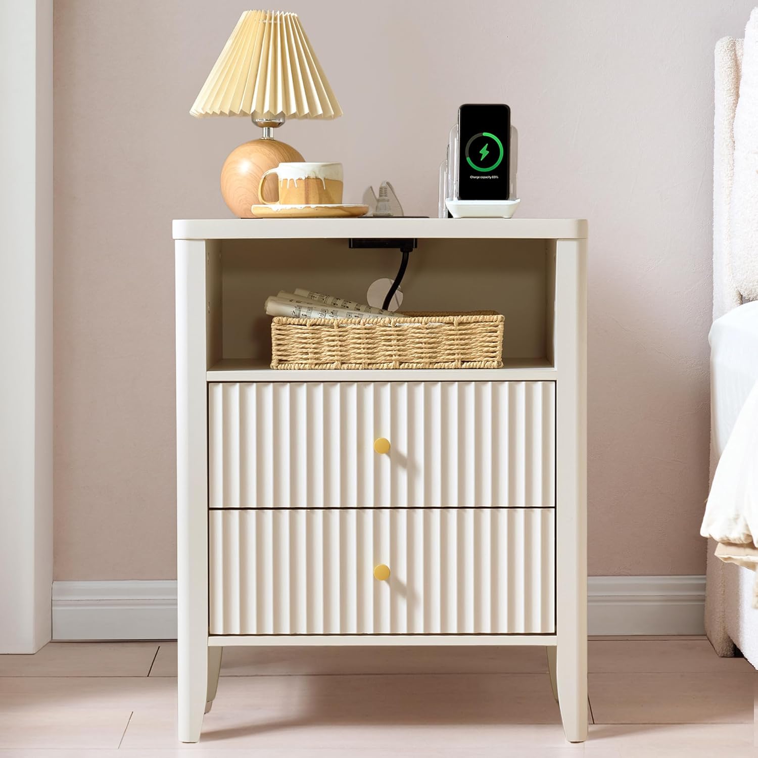 Fluted Nightstand with Charging Station Set of 2, 21" Wide Modern Bedside Table with 2 Drawers & Open Shelf, Wood End Table with Storage & Metal Handle for Bedroom, Small Spaces, Green