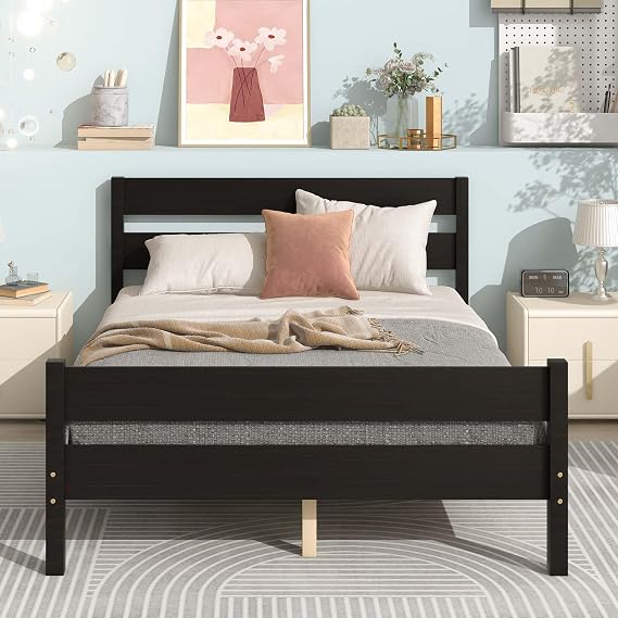 Full Size Wood Platform Bed Frame with Modern Style Headboard and Footboard, Wood Bed Frame with Wood Center Support Legs, No Box Spring Needed for Boys Girls, Under Bed Storage (Espresso, Full)
