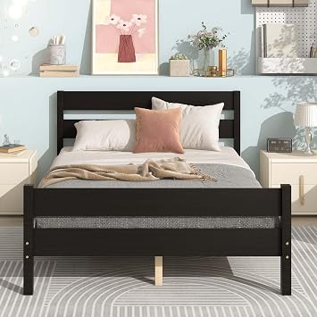 Full Size Wood Platform Bed Frame with Modern Style Headboard and Footboard, Wood Bed Frame with Wood Center Support Legs, No Box Spring Needed for Boys Girls, Under Bed Storage Espresso, Full
