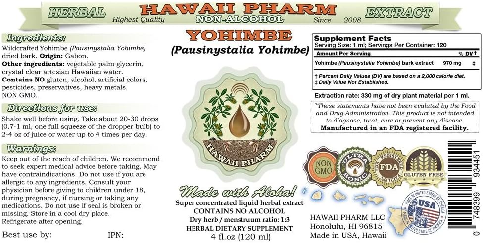 Yohimbe Alcohol-Free Liquid Extract, Yohimbe Liquid (Pausinystalia Yohimbe) Dried Bark Glycerite Natural Herbal Supplement, Hawaii Pharm, USA 2 fl.oz : Health & Household