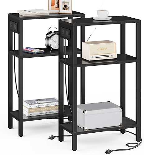 Miniatura 21 de TUTOTAK - Mesa auxiliar pequeña con estación de carga; mesa lateral estrecha con puertos USB y tomas de corriente, juego de 2; mesa de sofá delgada,