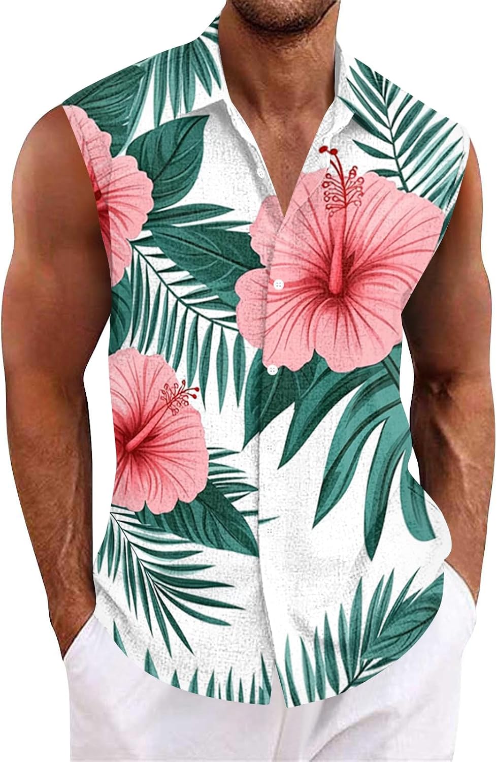 RTRDE Mens Casual Button Down Shirts Sleeveless Hawaiian Tropical Tank Top Casual Summer Beach Vacation Shirts, M-3XL