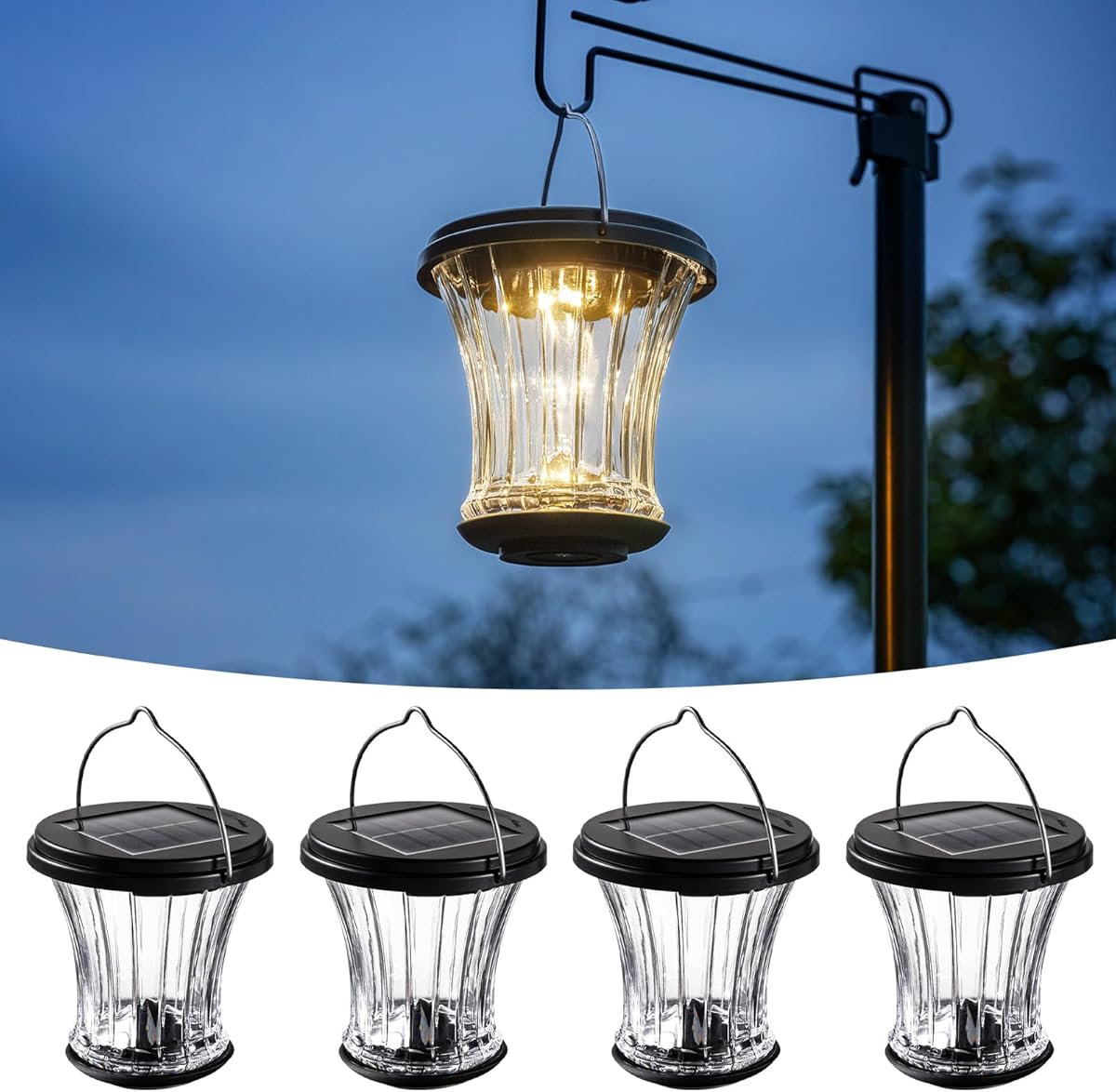 Glass Solar Lantern Outdoor, Waterproof Hanging Solar Lights for Outside with Modular Design, 3000K LED, Auto On/Off Table Lamp for Garden Patio Yard Fence Wall Decorative, Warm White(4 Pack)