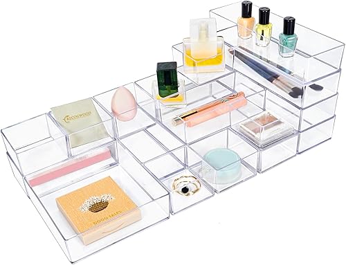 Juego organizador de cajones de acrílico apilable, 18 cubos de almacenamiento de varios tamaños para maquillaje, escritorio de oficina, baño,