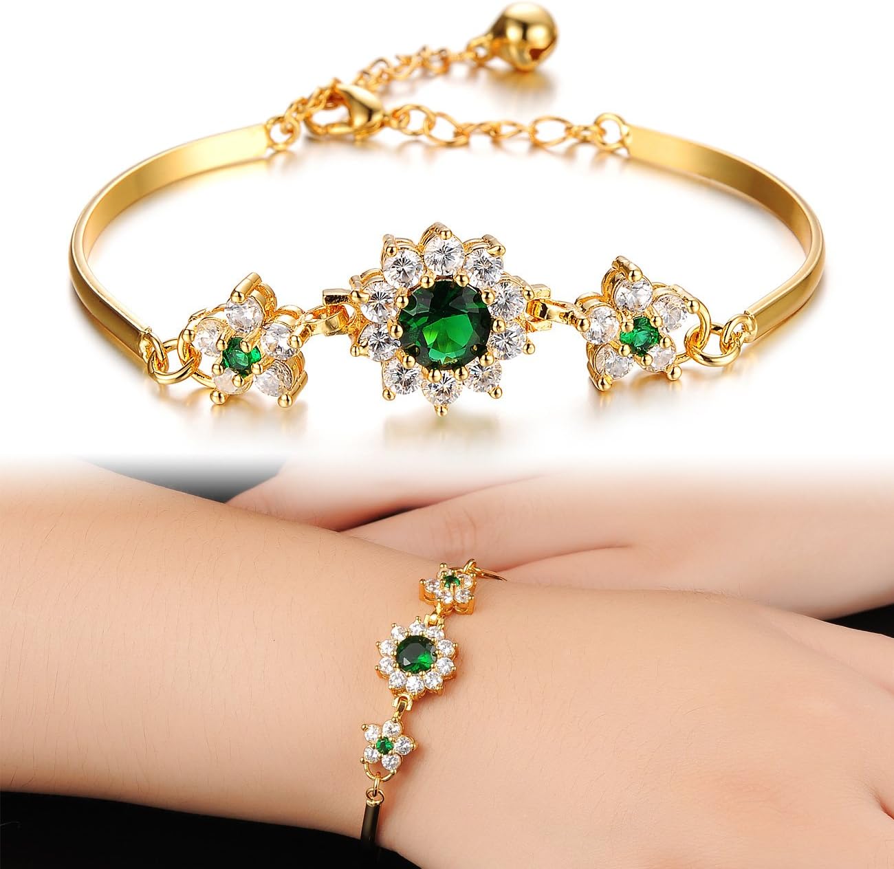 L & J 18k Gold Plated Sparkling Green Simulated Rhinestone CZ Flower Bangle Bracelet for Women, Jewelry Gift for Valentines Day, Mothers Day, Birthday, Anniversary, Christmas Gift for Her - Image 4