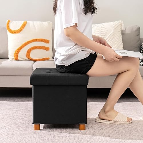 Miniatura 6 de PINPLUS Banco otomano de almacenamiento, otomana de almacenamiento de lino negro con patas de madera, mesa de café, otomana grande para juguetes,
