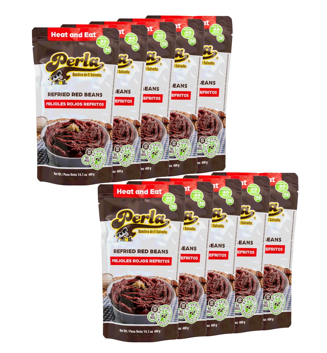 Perla Refried Red Beans - No MSG, Non BPA, No Animal Ingredients, No soy added, No Preservatives, No artificial additives, 6 Grams of Protein, Microwavable, Fully Cooked, Just heat and eat |14 ounces ( PACK of 10)