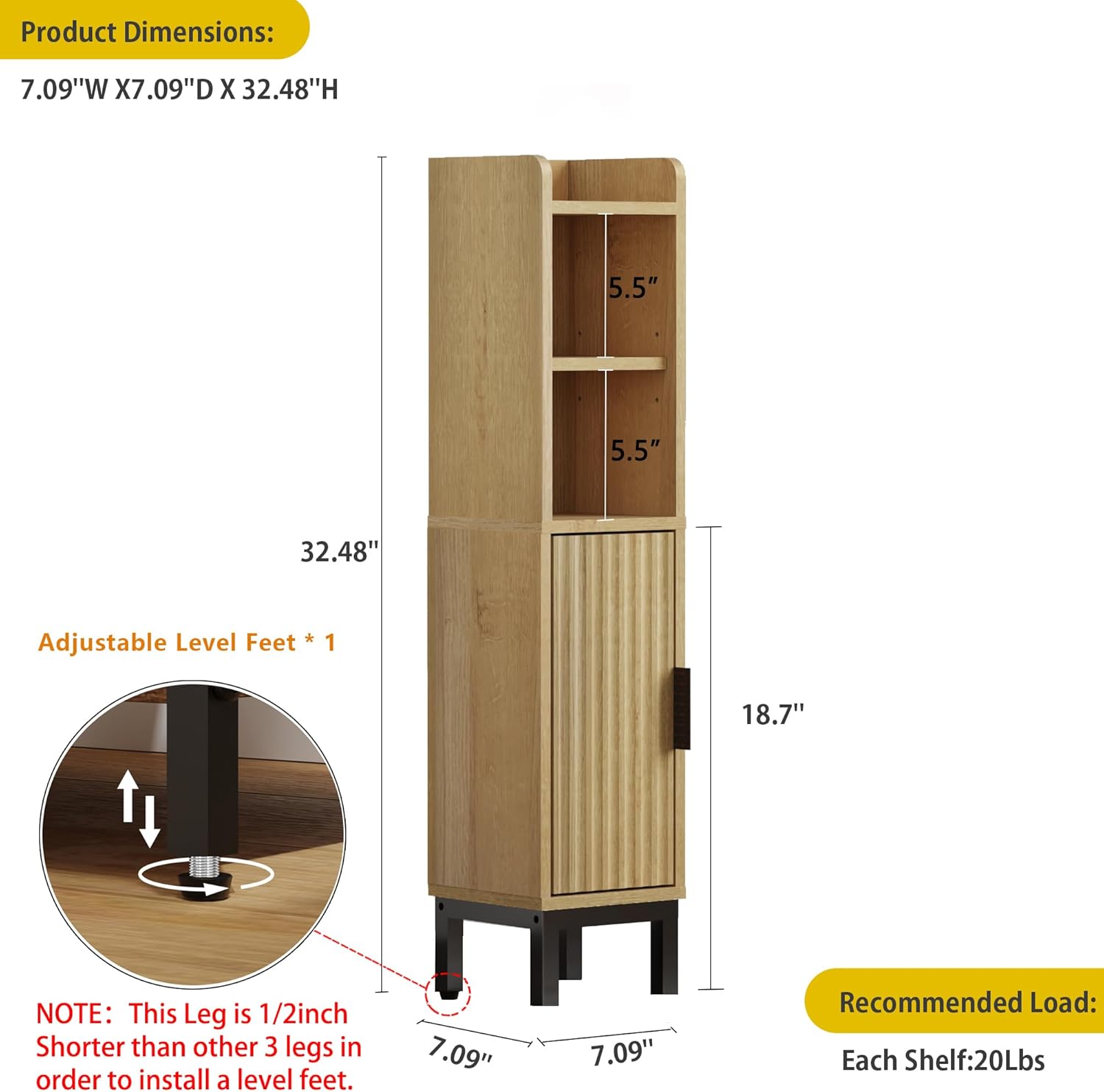 Small Bathroom Storage Cabinet, Corner Narrow Toilet Paper Floor Cabinet with Door and Shelves,Bathroom Organizer with Adjustable Shelf, for Small Spaces (Oak) - Image 2