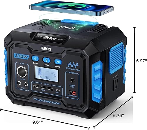 Miniatura 9 de Ruko R299 Estación de energía portátil de 330 W, 288.6 Wh generador portátil de 9 puertos con linterna, carga inalámbrica, salida USB-C PD de 60 W,
