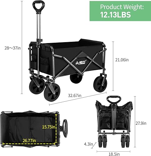 Miniatura 4 de Carro plegable plegable, carrito de jardín utilitario con dos soportes para bebidas, carro plegable portátil con ruedas todo terreno y asa ajustable