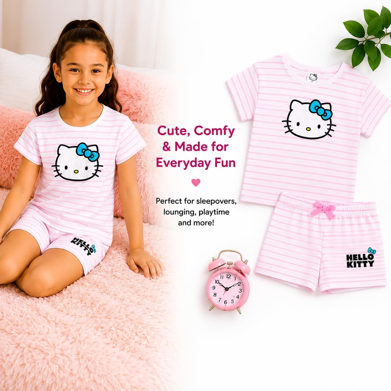 Hello Kitty Girls Short Set - 2 Piece Short Sleeve Graphic Tee and Shorts Clothing Outfits (Sizes: 2T-12)