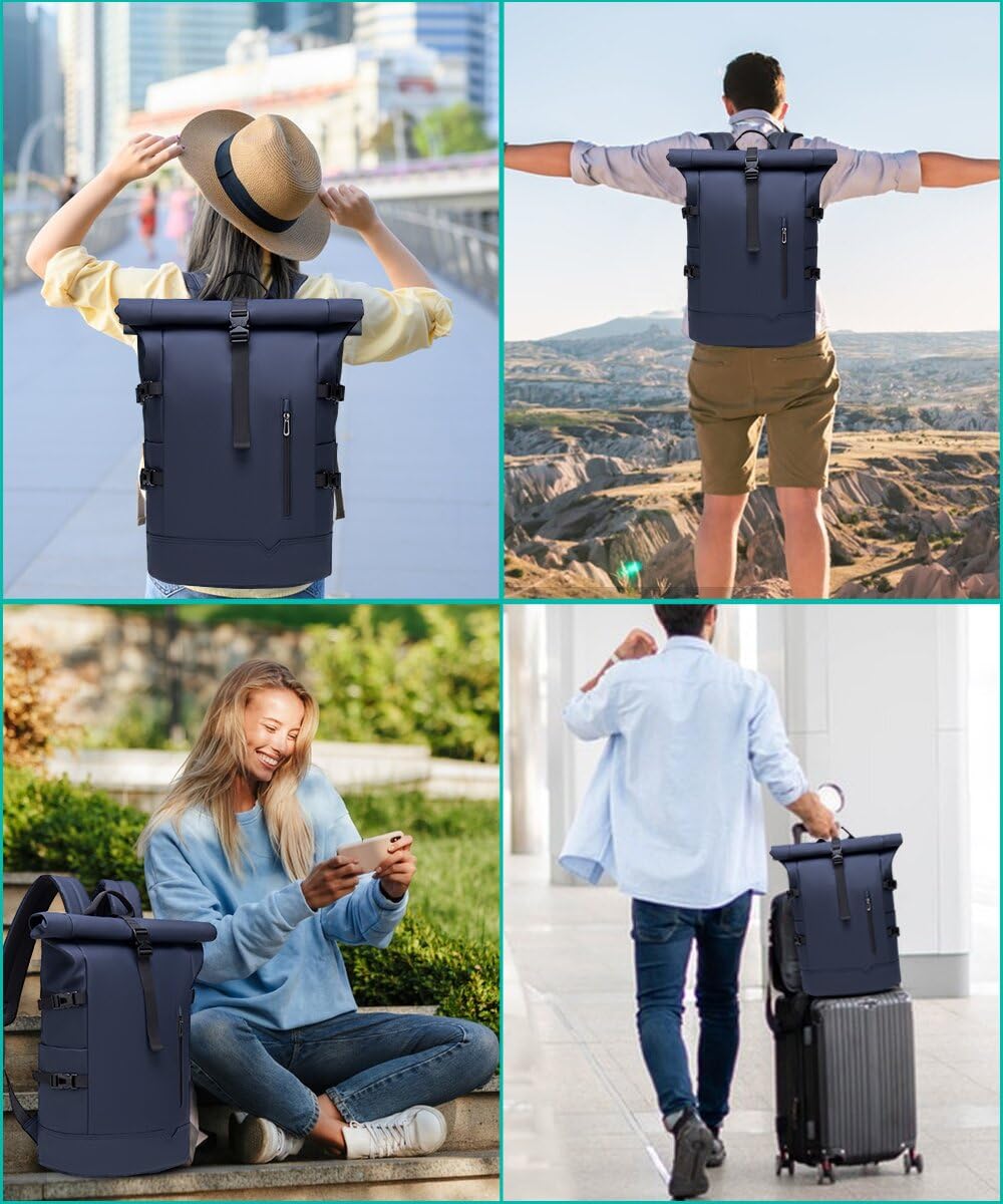 Zaino Rolltop da Viaggio 15.6 Pollici Porta PC Impermeabile Lavoro Uomo Università per Viaggio Escursionismo Campeggio Università-Blu