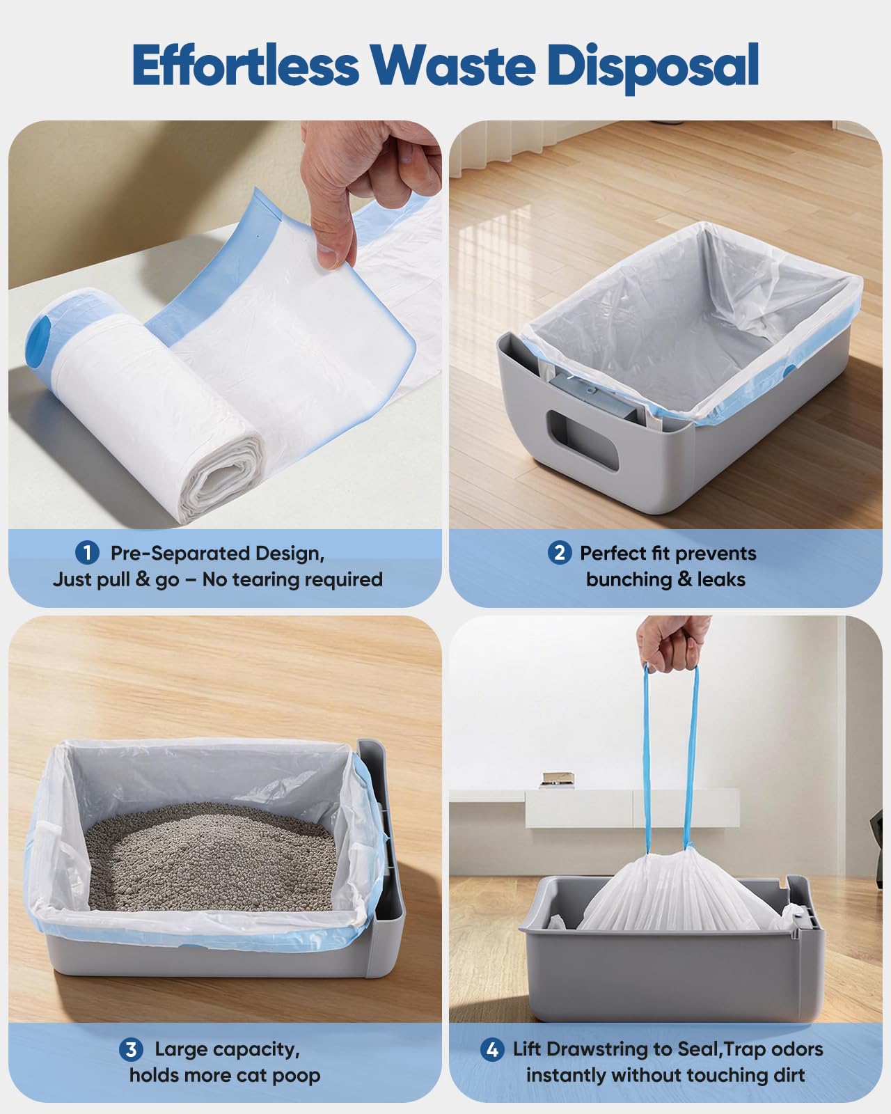 150 bolsas de arena para gatos Cumrige Fumoi Fsitego, caja de arena autolimpiable, caja de arena gruesa y automática de repuesto con cordón, resistente, 26 x 11.8 pulgadas, 10-12 galones de capacidad
