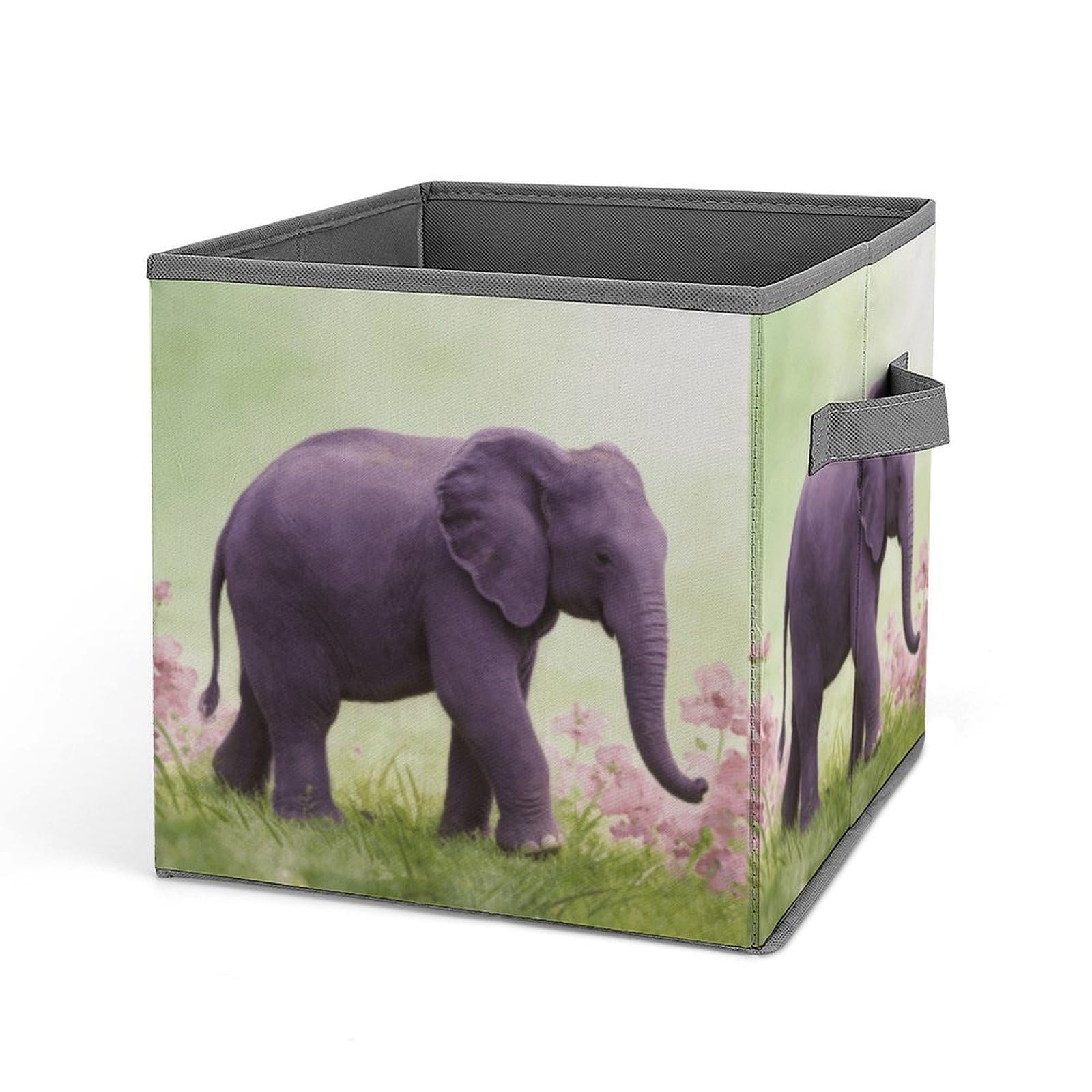 Purple Elephant Storage Baskets Collapsible, Exquisite Pattern Cube Box, Canvas Fabric Storage Bins with Handles, Clothe Organizer Box for Home Decorative Office Bedroom