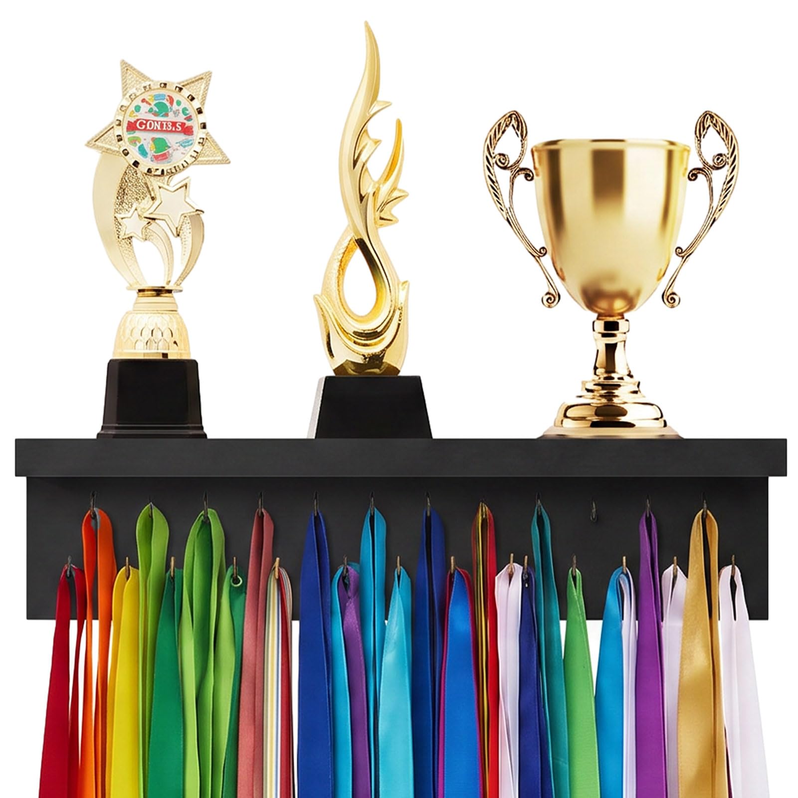 Threehoney Percha de madera para medallas con 25/37/49/65/83 ganchos, soporte de cinta de montaje en pared, regalo para gimnasia, correr, premios de fútbol (1 pies/16 pulgadas, ganchos negros para