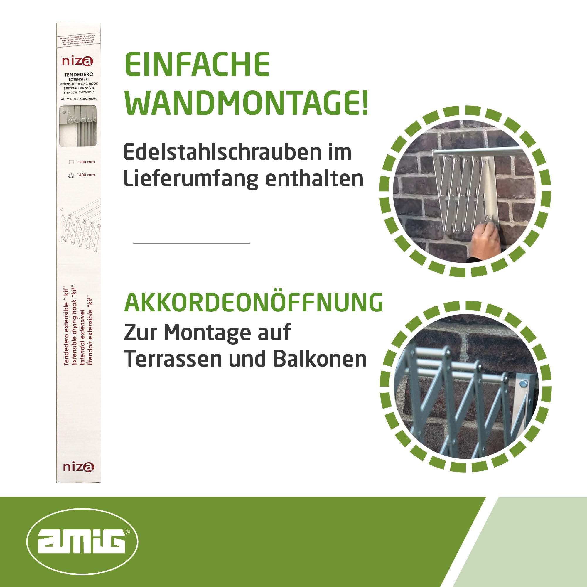 Amig - Ausziehbarer Wandwäscheständer | Hergestellt aus hochfestem Aluminium | Edelstahlfarbene Oberfläche | Maße: 80x14x3cm | Faltbarer Wäscheständer | Außenwäscheständer