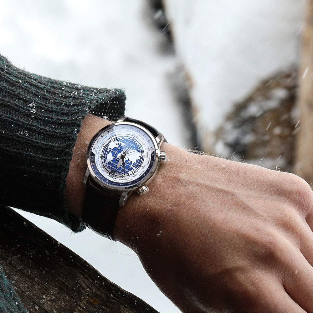 agelocer Reloj automático para hombre, hora mundial, función GMT de 42 mm con bisel giratorio, reserva de energía de 80 horas, cristal de zafiro, caja de acero 316L y correa de piel de cocodrilo, Lq