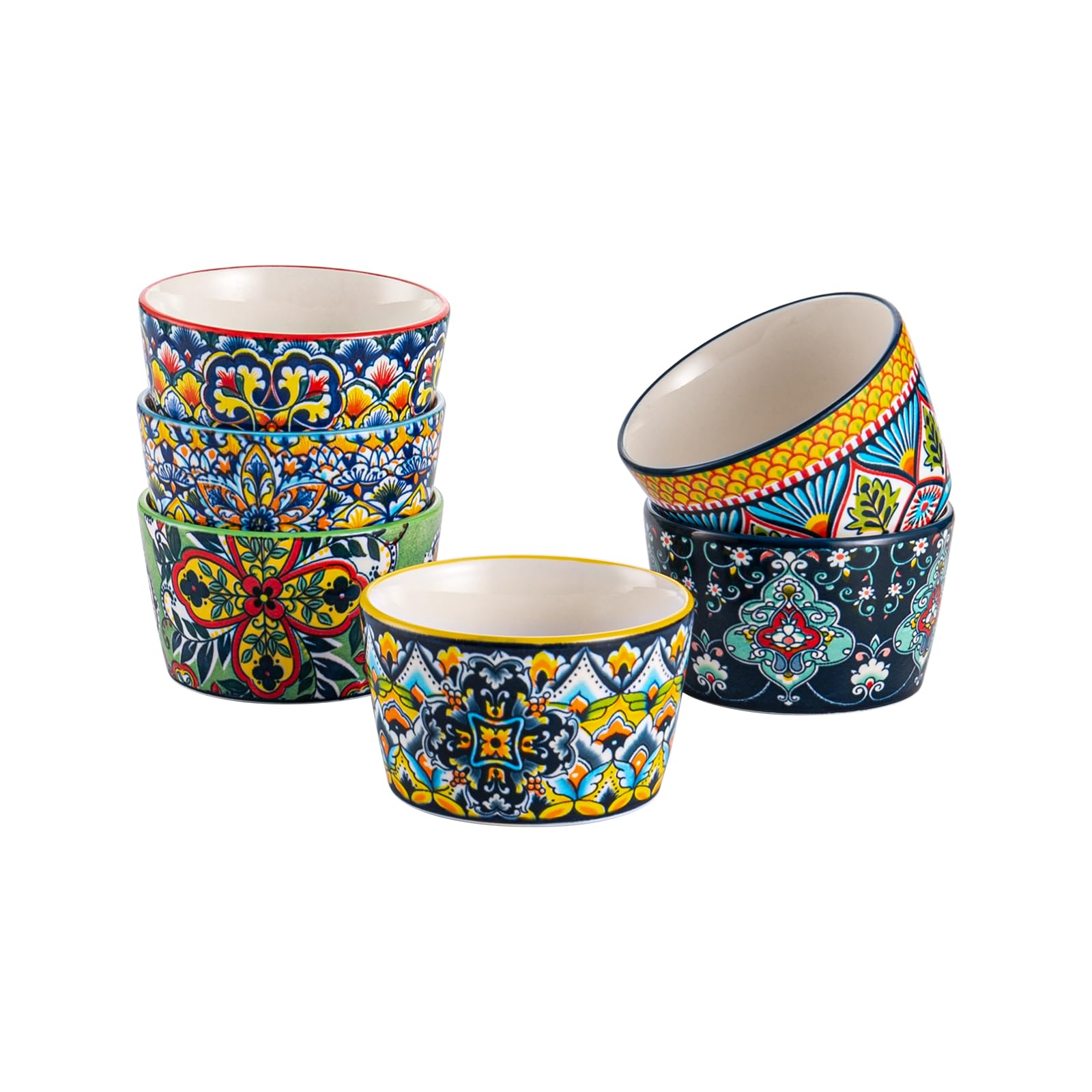 HENXFEN LEAD Creme Brulee Schälchen Porzellan, Soufflé Förmchen für Leckere Würzfleisch, Ragout Fin, und Pudding, Bohemian-Floral-Design in 6 kräftigen Farben