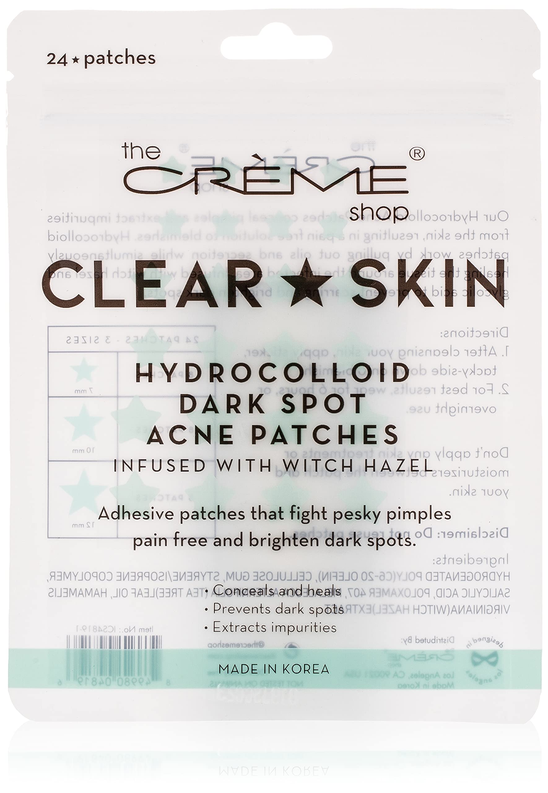 The Crème Shop Hydrocolloid Acne Pimple Zit Patch Sticker. Scar & Dark Spot Remover. Glycolic Acid & Witch Hazel Infused. 24 Patches