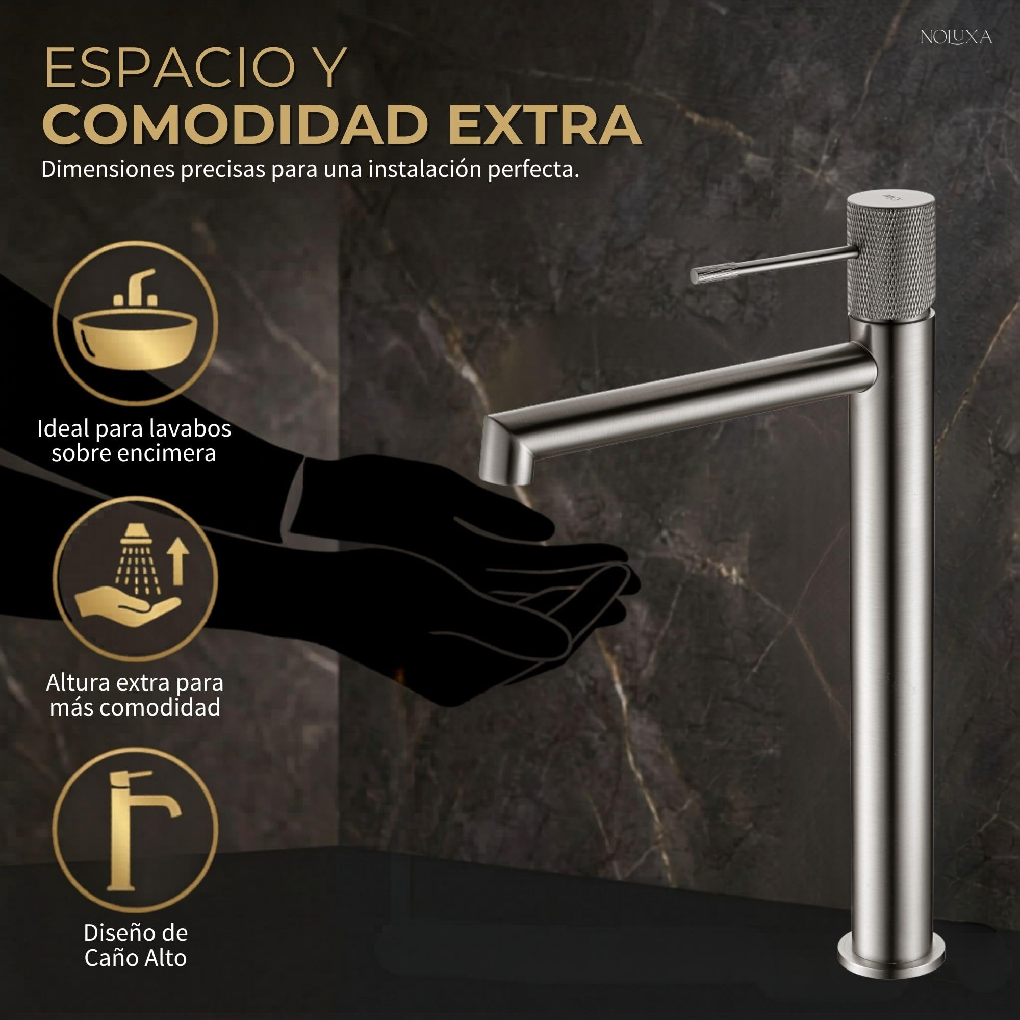 IMEX - Rubinetto Lavabo Nichel Bocca Alta | Miscelatore Bagno Acqua Fredda/Calda | Monocomando Effetto Cascata Bocca Ottone, Risparmio Idrico | Serie Line | Colore Nichel Spazzolato