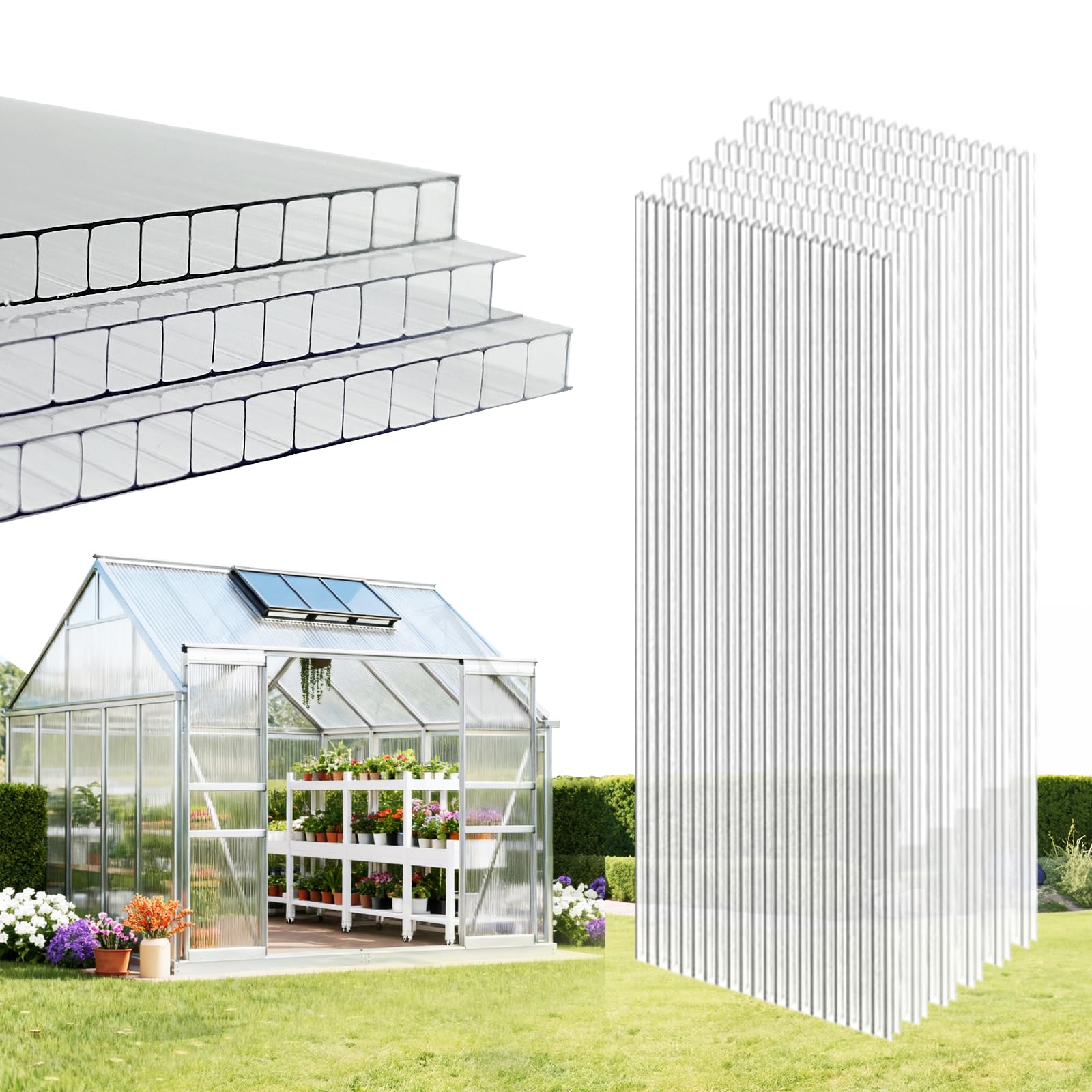 6 pcs polycarbonate greenhouse panels, 6'ft x 2'ft x 0.24" in twin-wall polycarbonate sheet, all-season uv protected plastic roof sheeting for greenhouse covering/outdoor garden