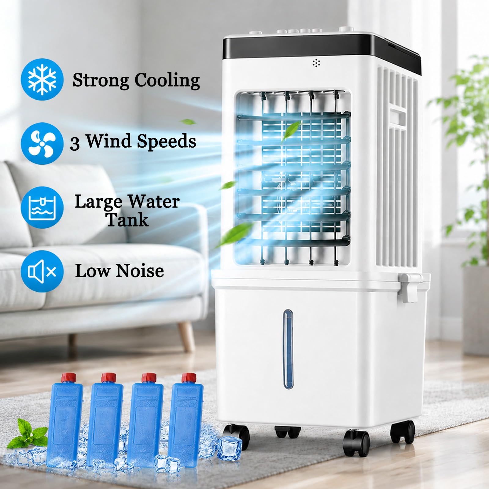 Condizionatore Portatile,Ventilatore a Freddo con Telecomando | 15L Raffrescatore d'aria, 90° Oscillazione, Telecomando, Timer 1-7,5 ore, Silenzioso per Casa Ufficio,Letto e Garage